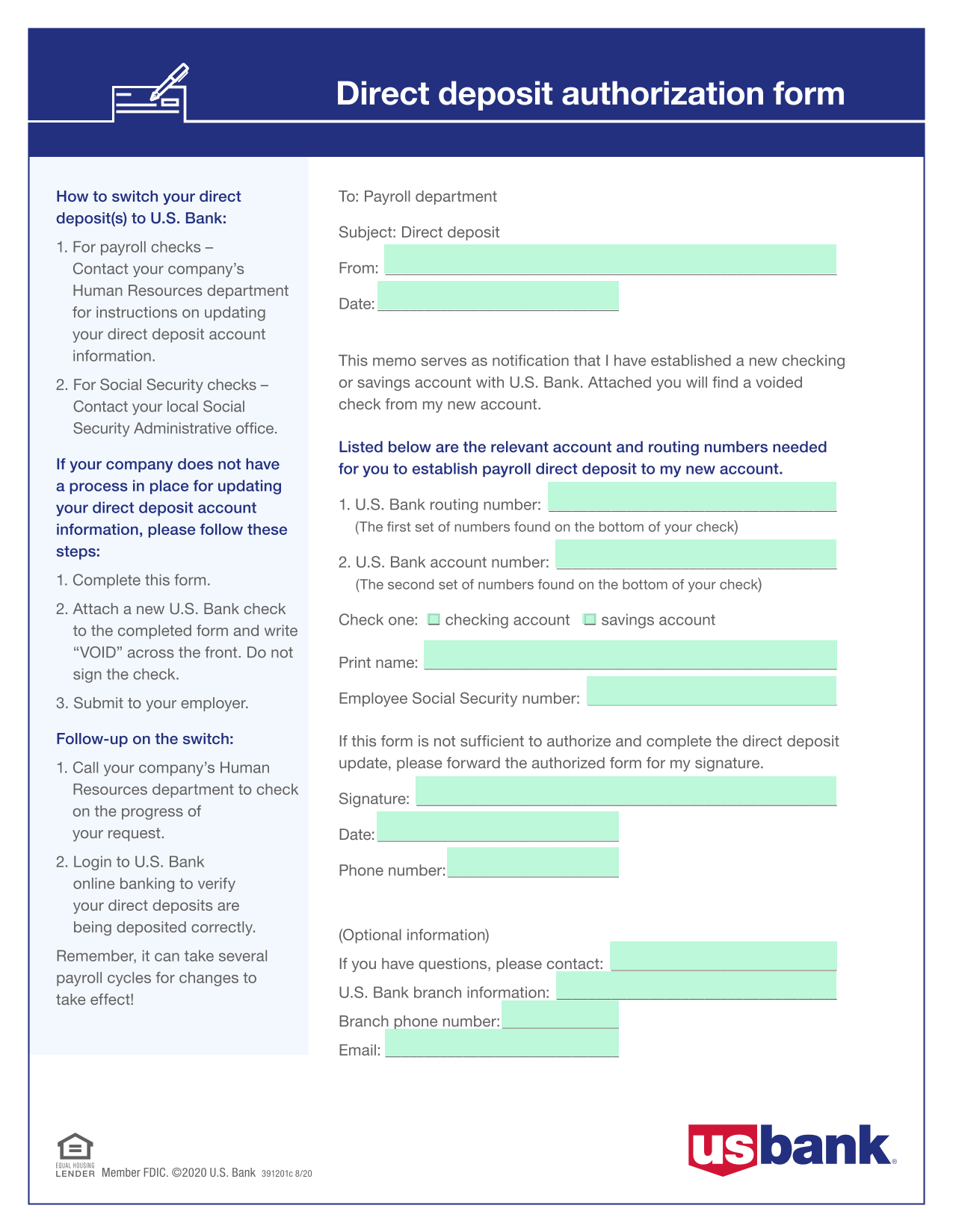 Direct Deposit Authorization Form screenshot