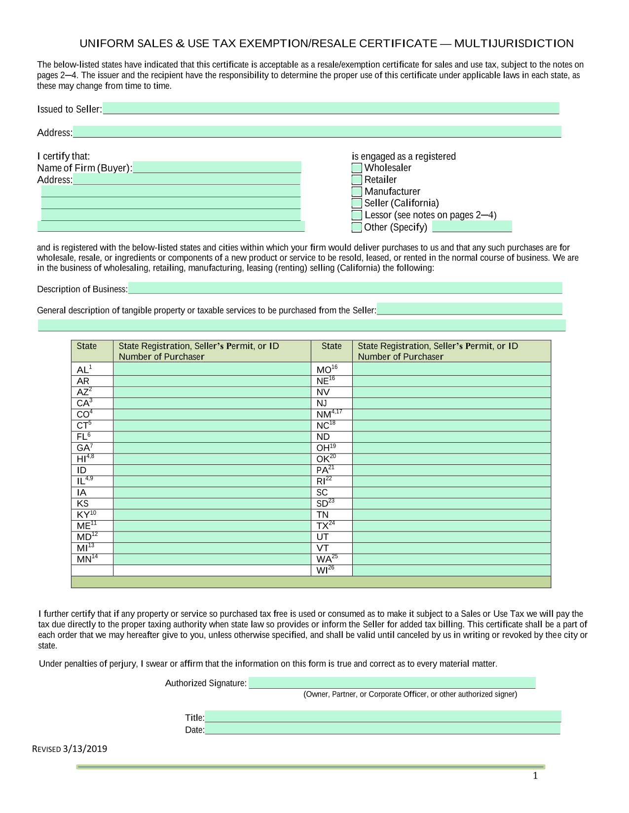 Uniform Sales  Use Tax ExemptionResale Certificate  Multijurisdiction screenshot