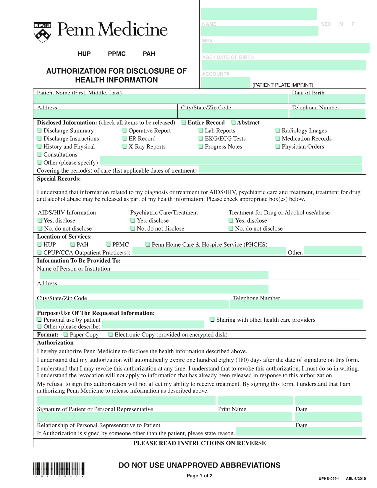 Authorization For Disclosure Of Health Information screenshot