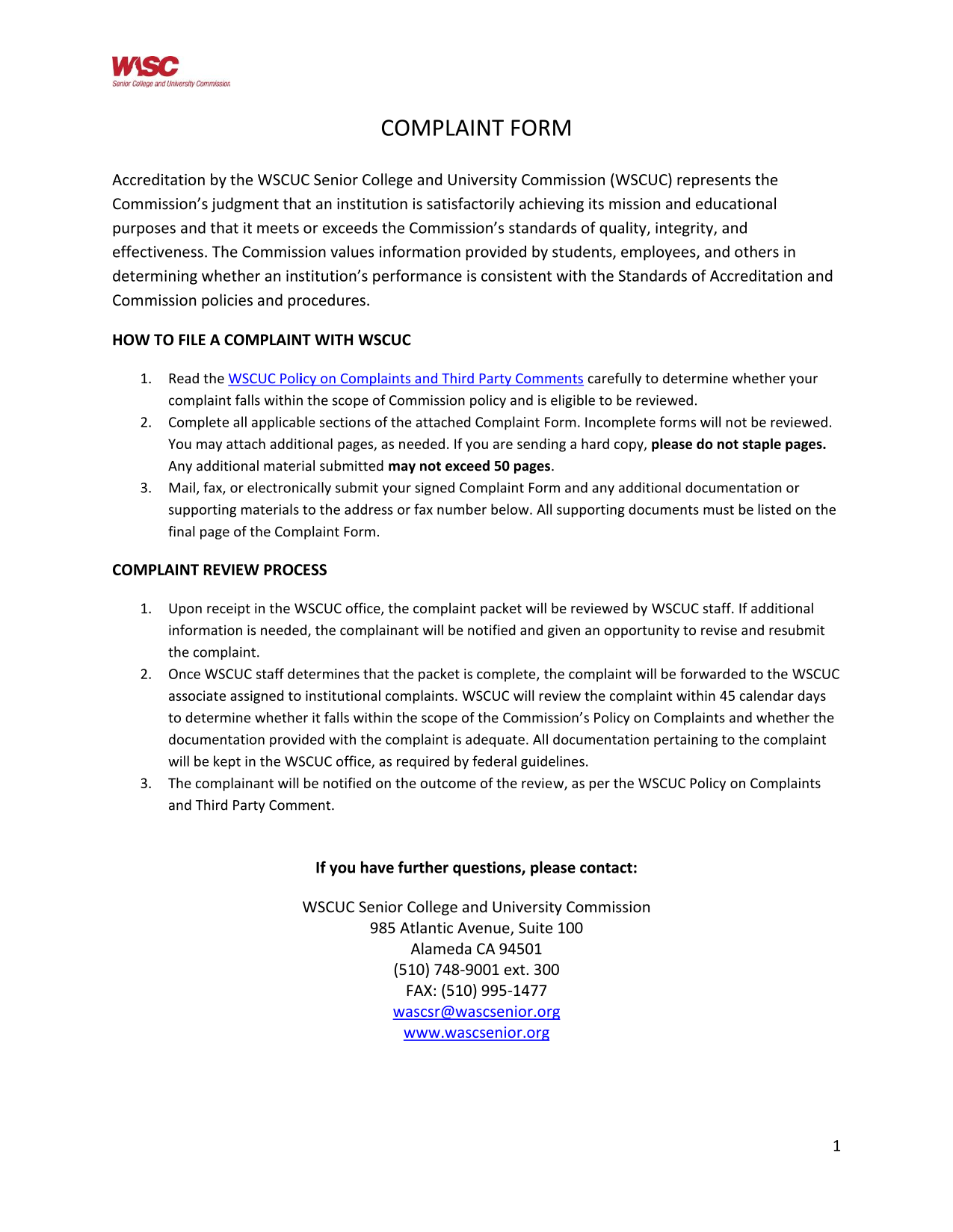 Complaint Form screenshot