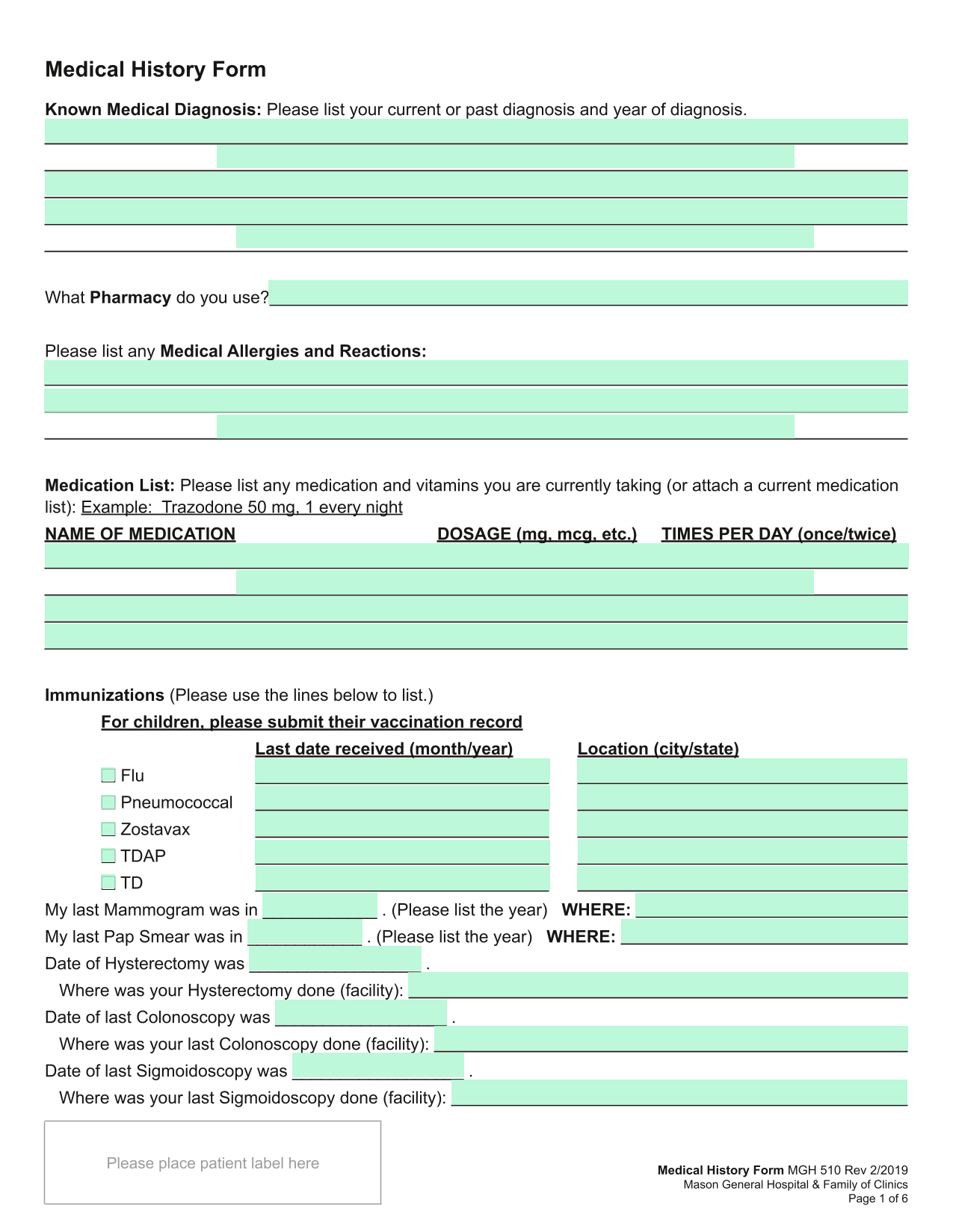 Medical History Form MGH 510 screenshot