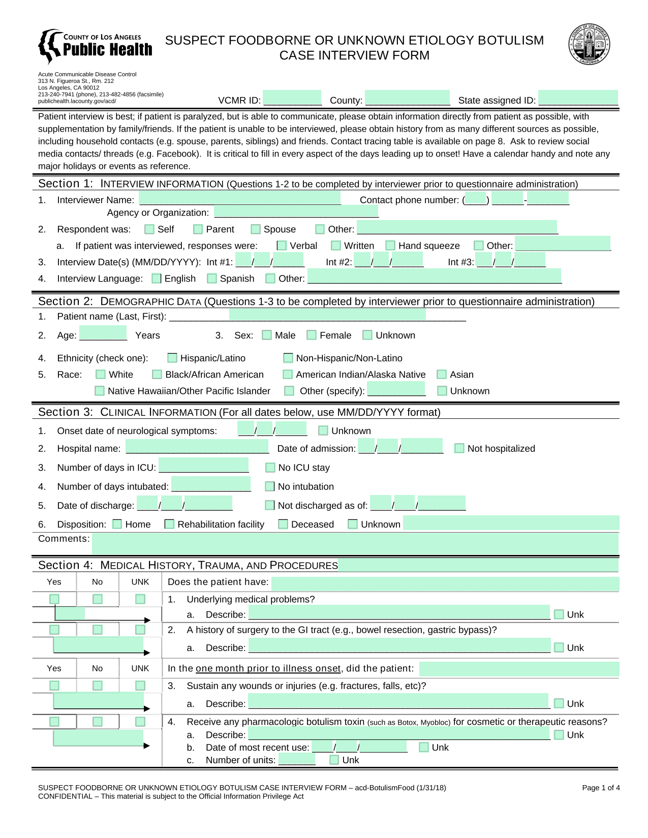 Suspect Foodborne Or Unknown Etiology Botulism Case Interview Form screenshot