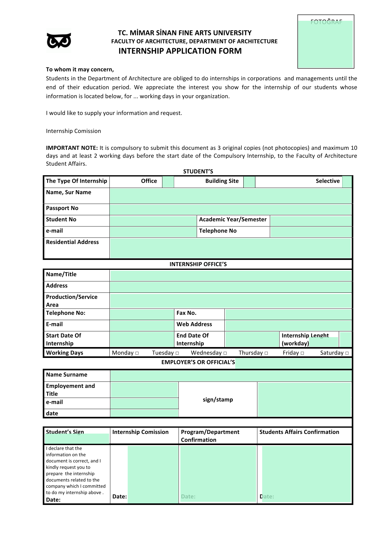Internship Application Form screenshot