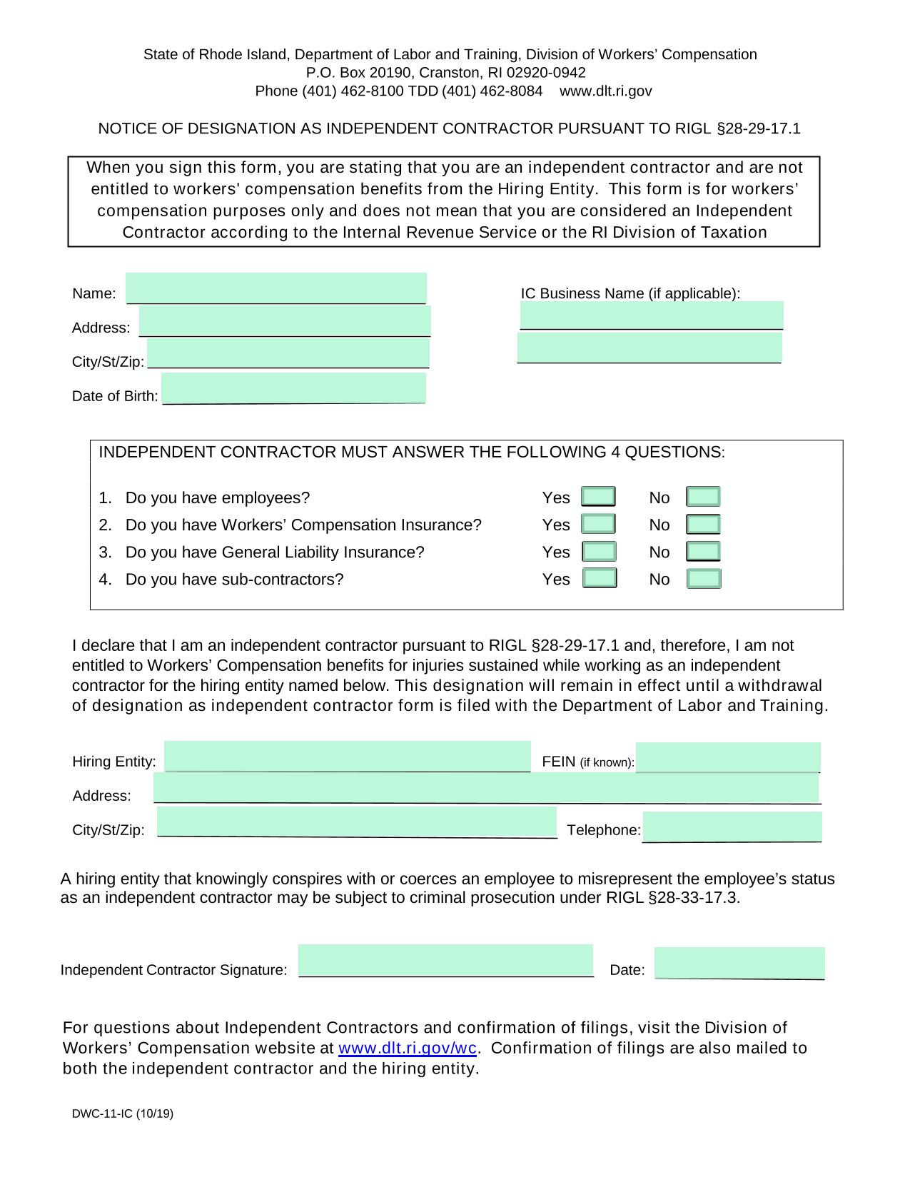 Notice Of Designation As Independent Contractor screenshot
