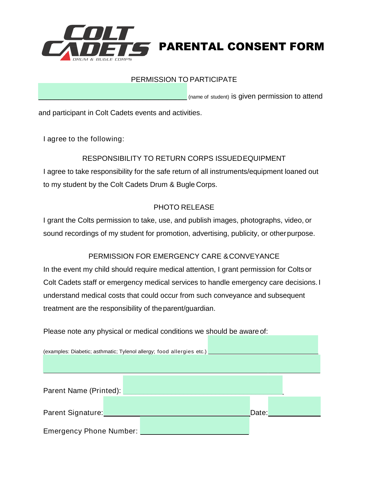 Parental Consent Form screenshot