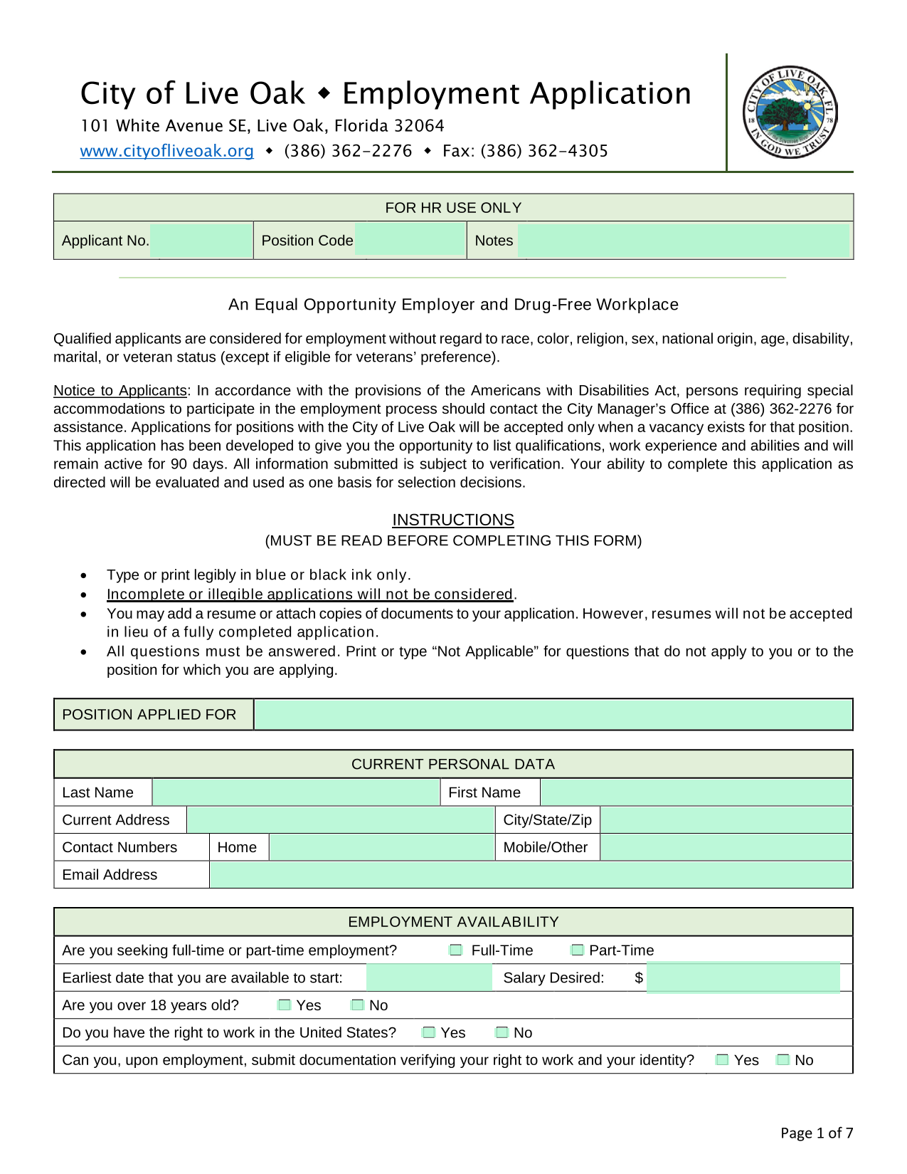 City Of Live Oak Employment Application screenshot