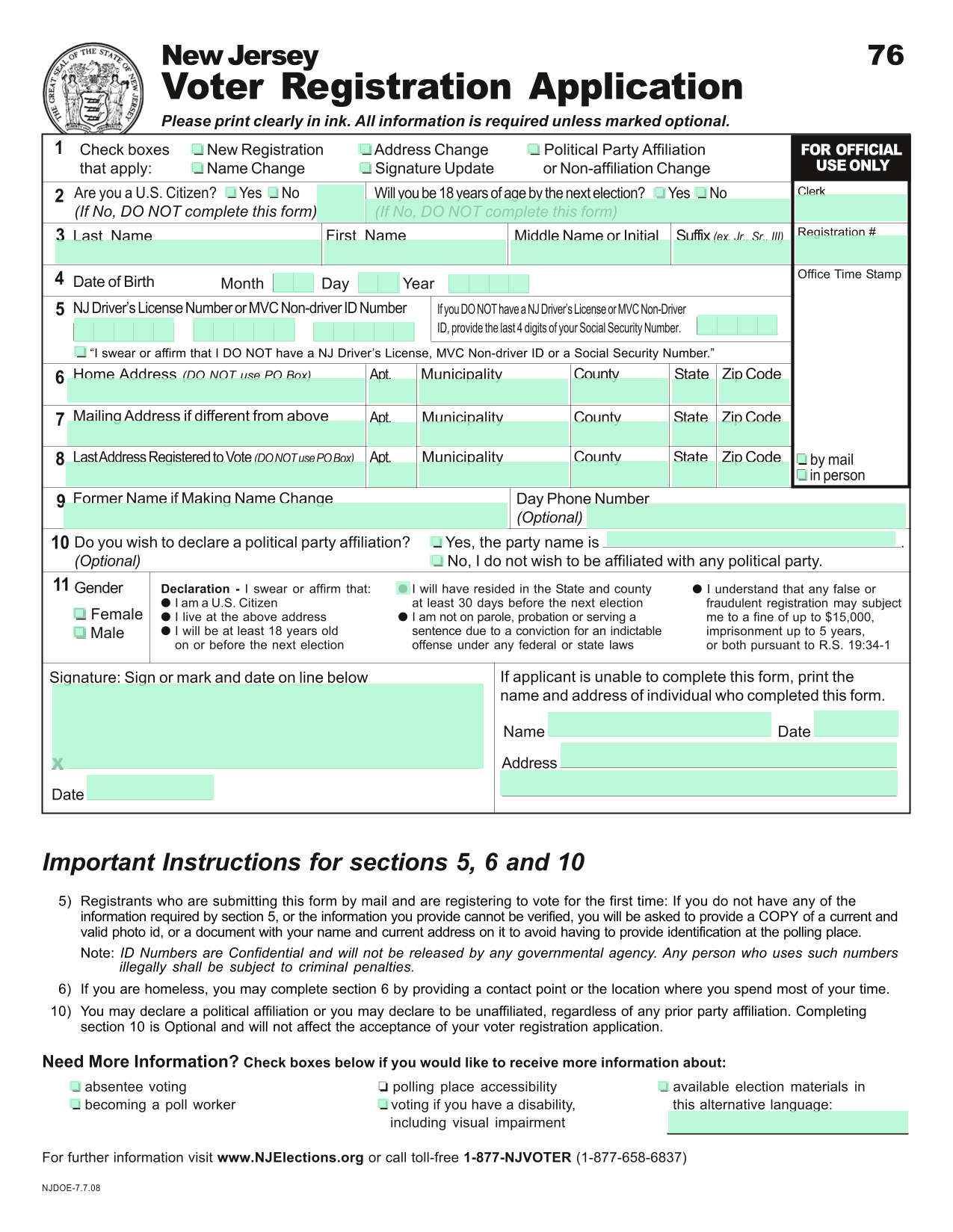 NJDOE 7.7.08 Voter Registration Form screenshot