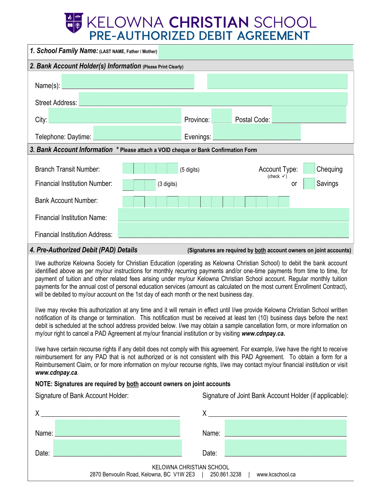 Pre Authorized Debit (PAD) Agreement screenshot