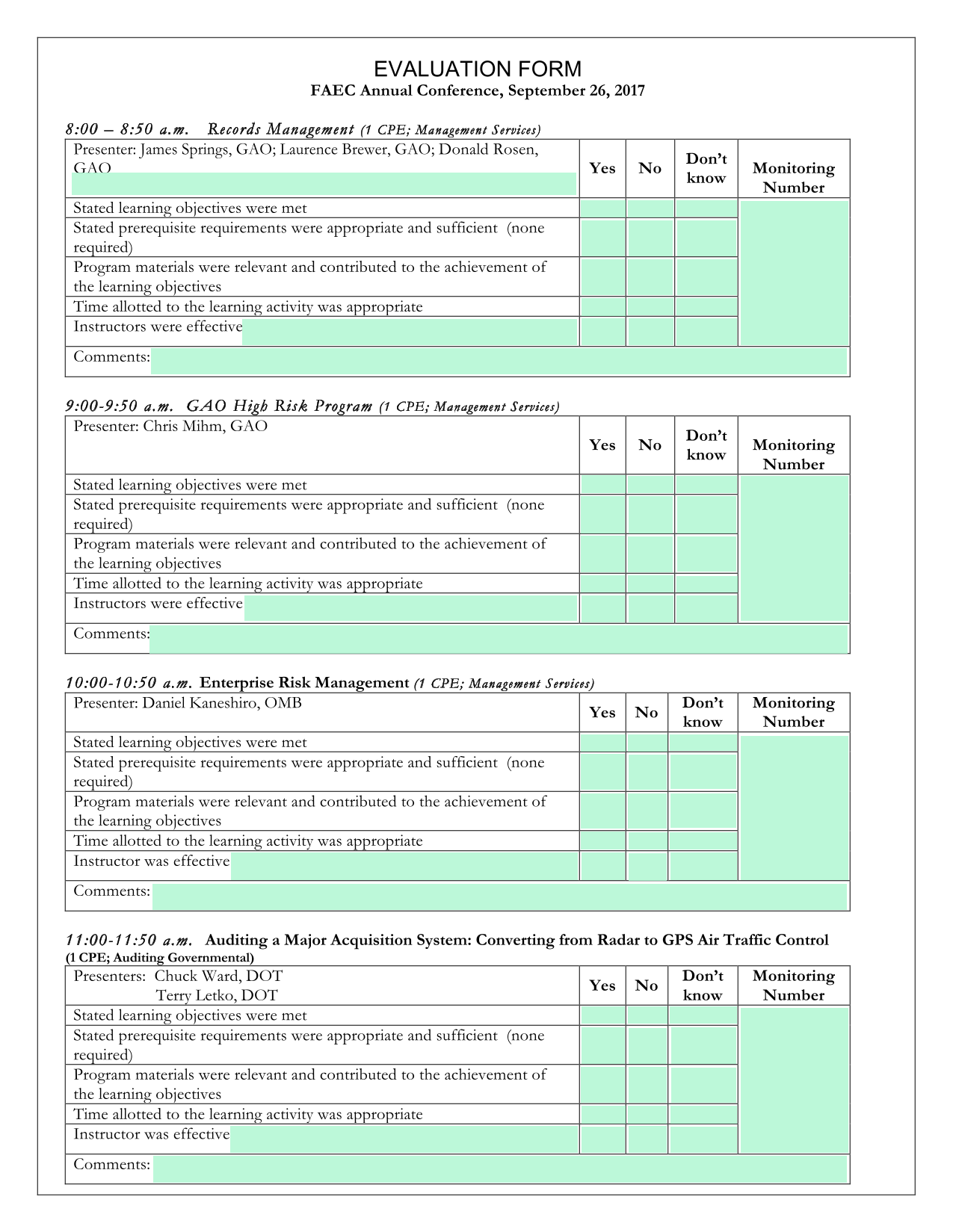 FAEC Annual Conference Evaluation Form screenshot