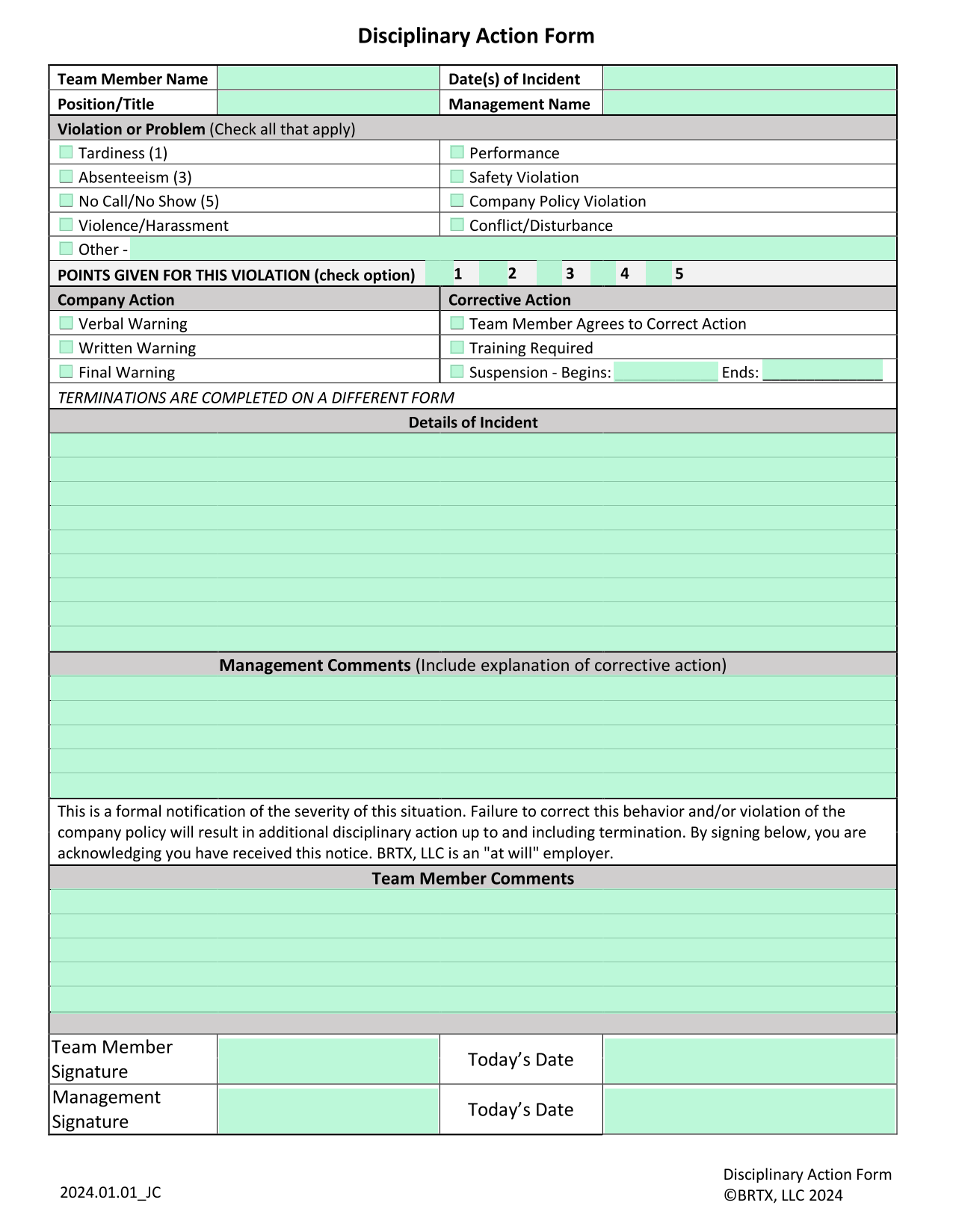 Disciplinary Action Form screenshot