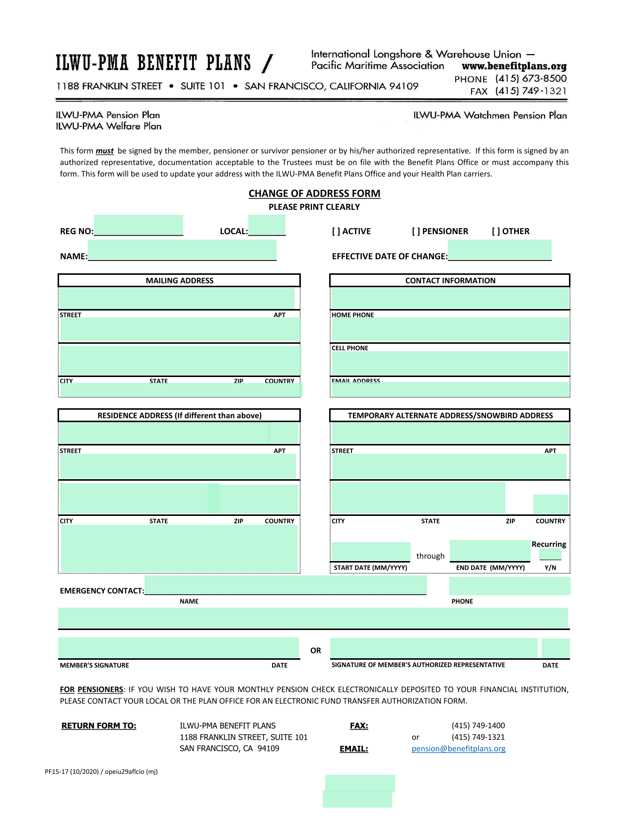 Change Of Address Form screenshot