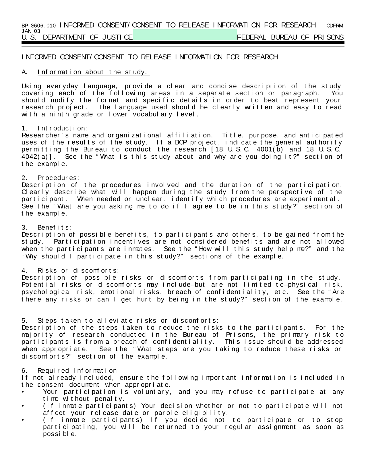 BP S606.010 INFORMED CONSENTCONSENT TO RELEASE INFORMATION FOR RESEARCH screenshot