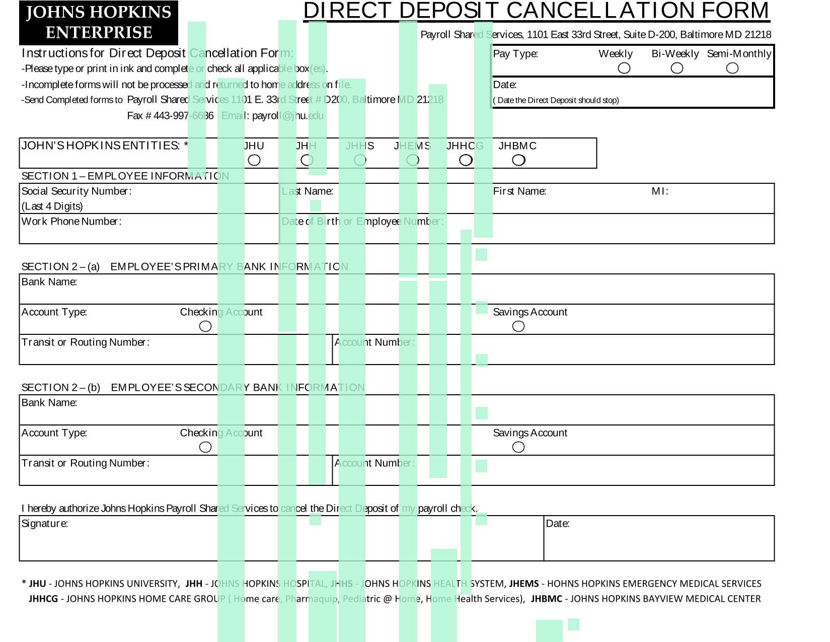 Direct Deposit Cancellation Form screenshot