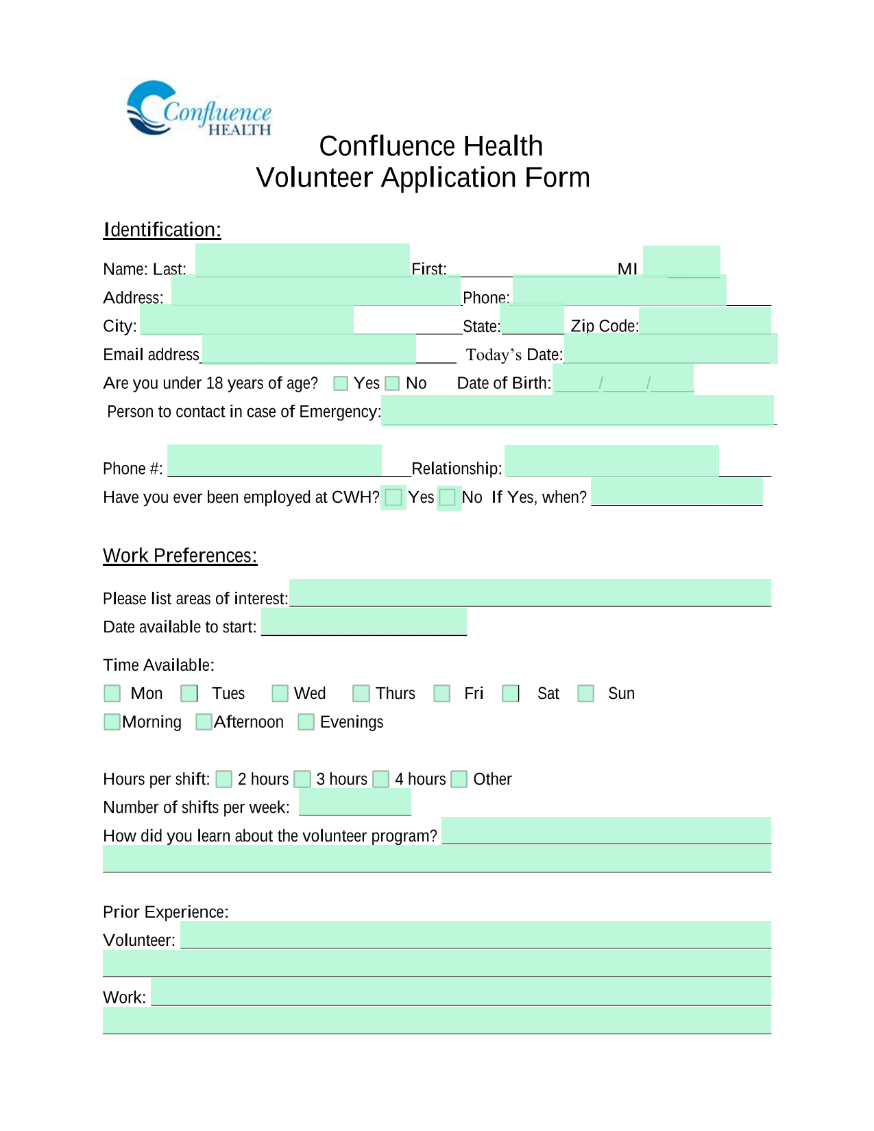 Volunteer Application Form screenshot