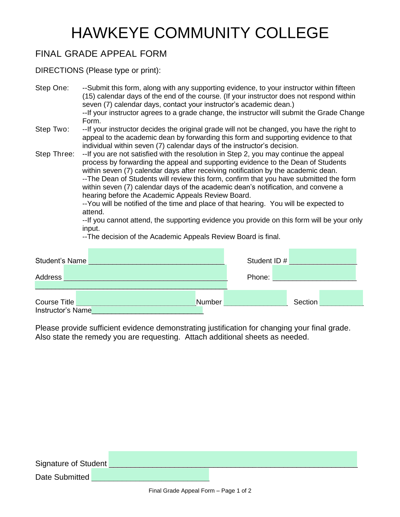 Final Grade Appeal Form screenshot