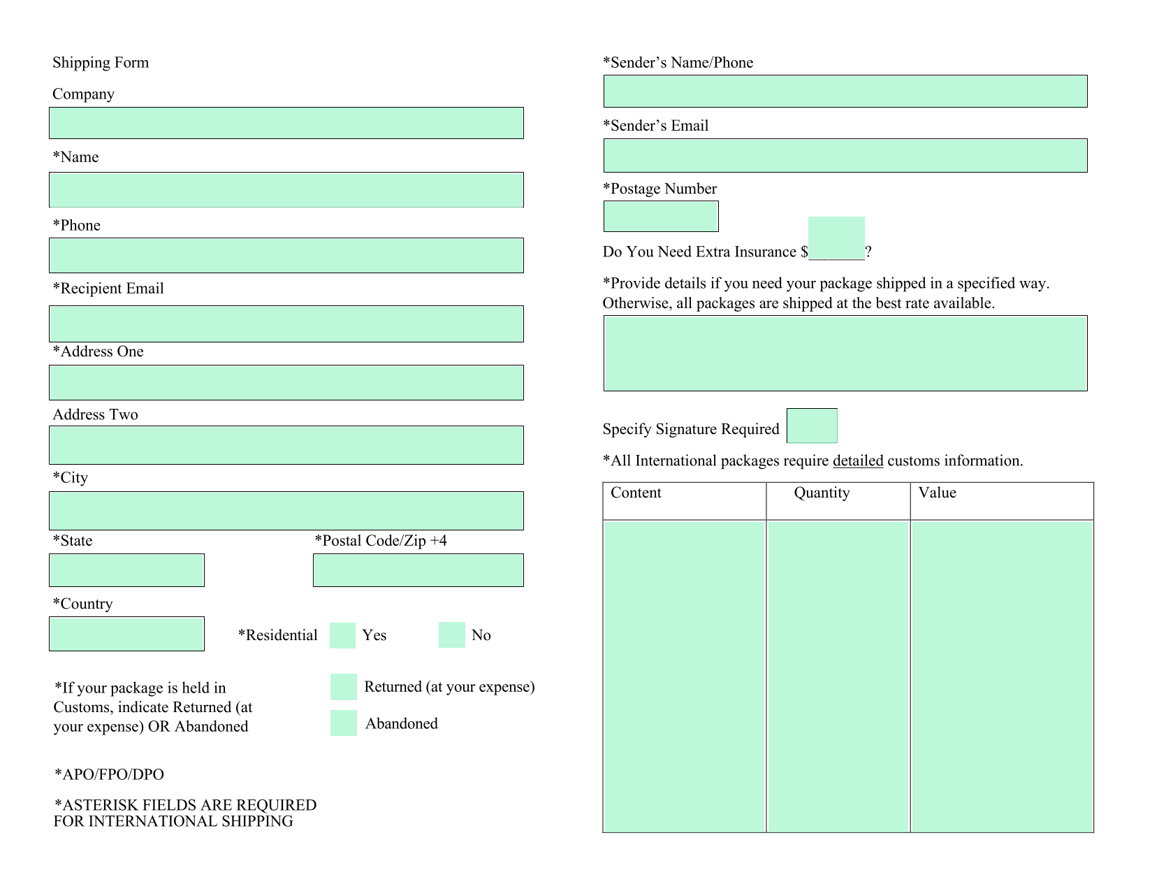 Shipping Form screenshot