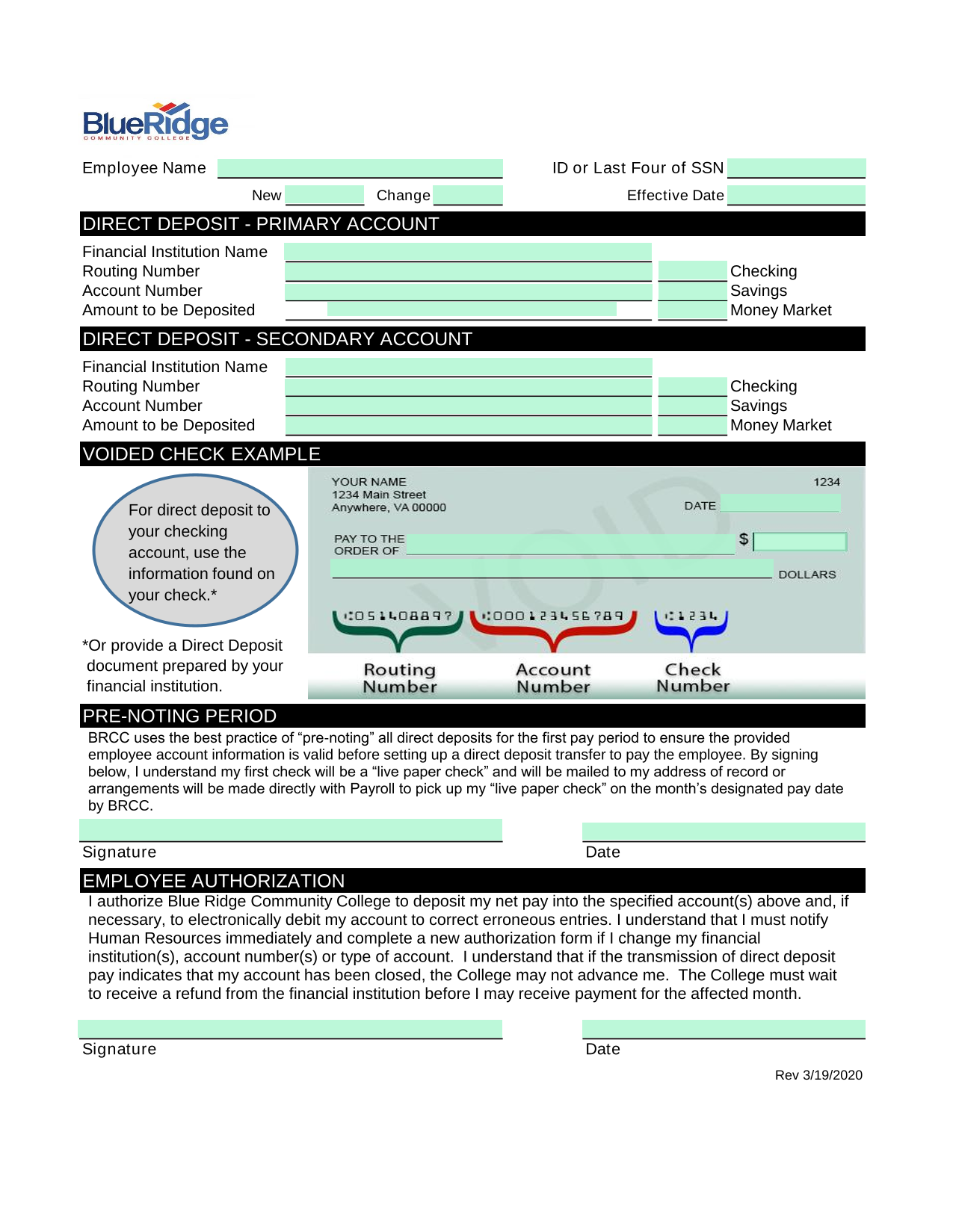 Direct Deposit Authorization Form screenshot