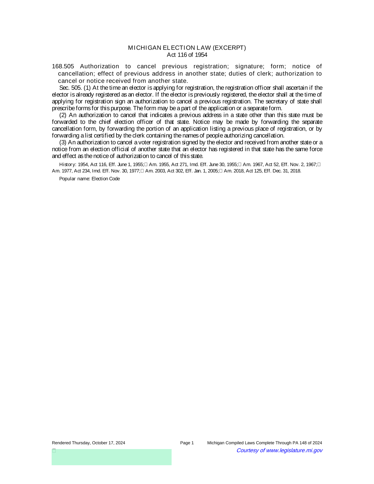 Michigan Election Law (Excerpt) screenshot