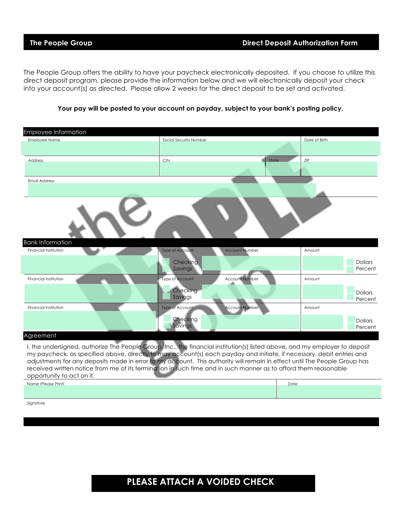 Direct Deposit Authorization Form screenshot