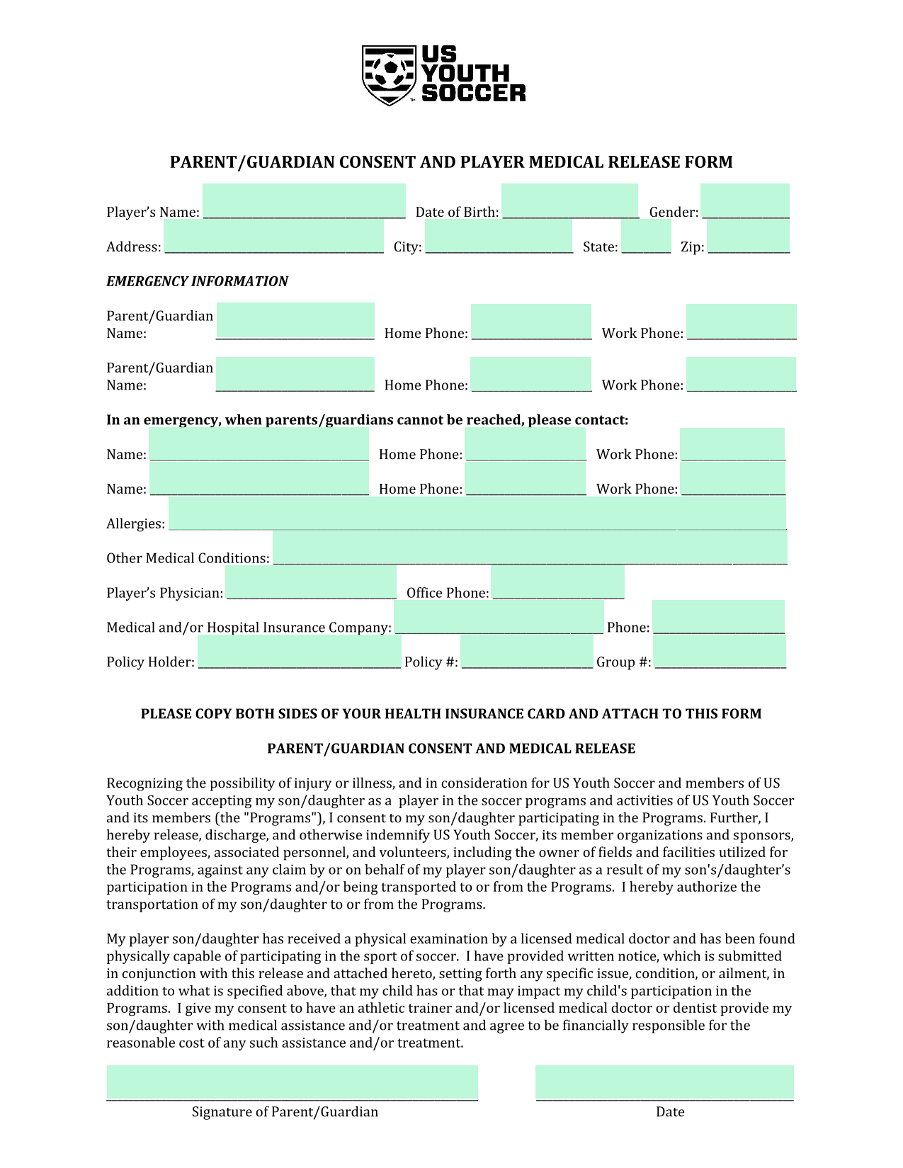 PARENTGUARDIAN CONSENT AND PLAYER MEDICAL RELEASE FORM screenshot