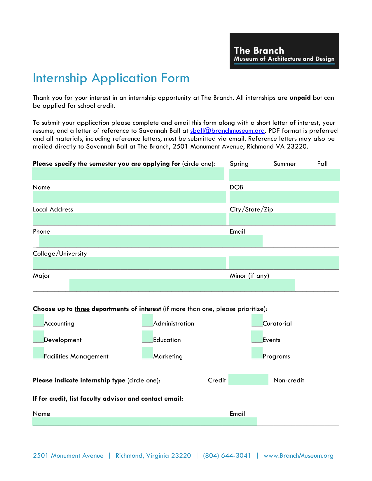 Internship Application Form screenshot