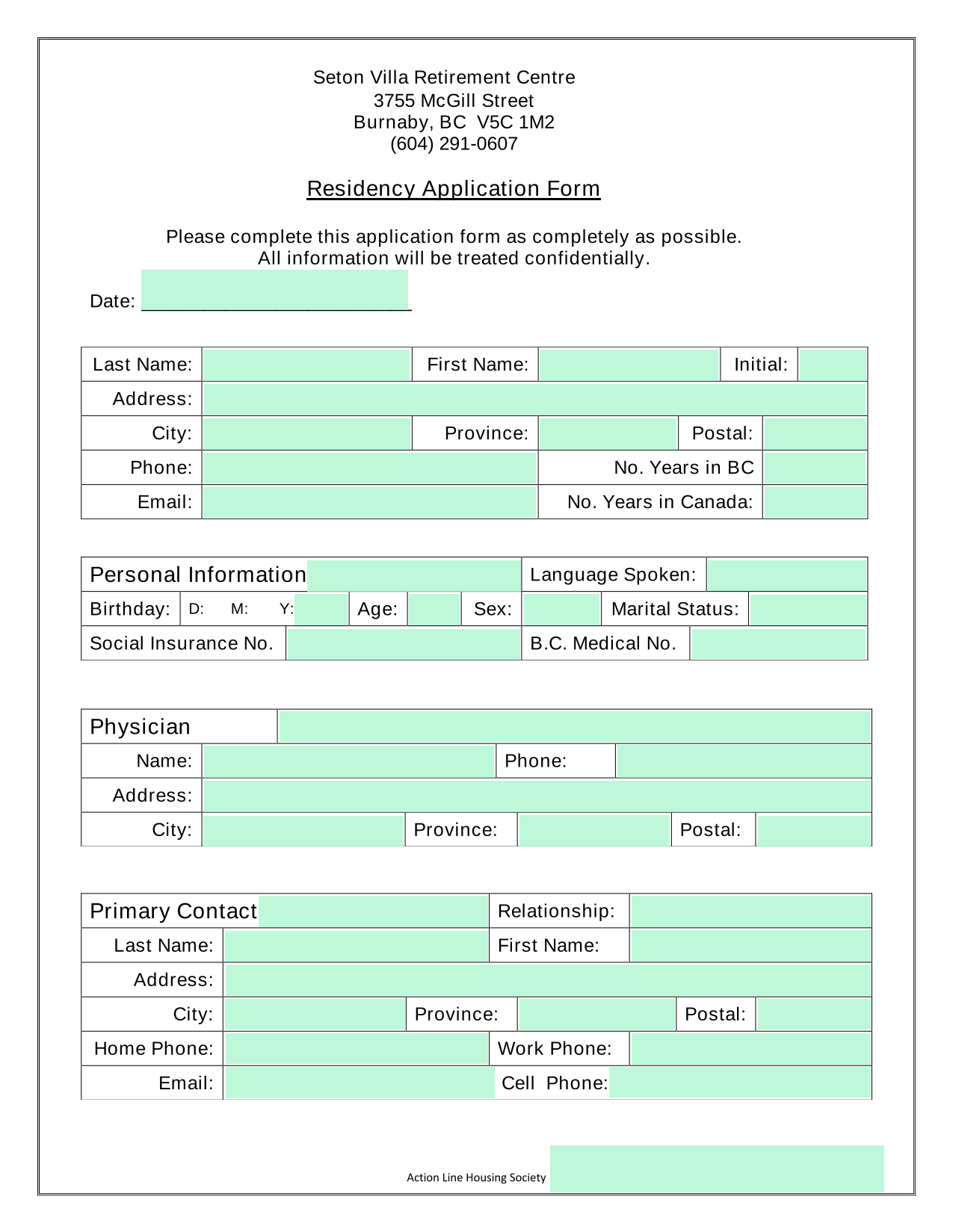 Residency Application Form screenshot