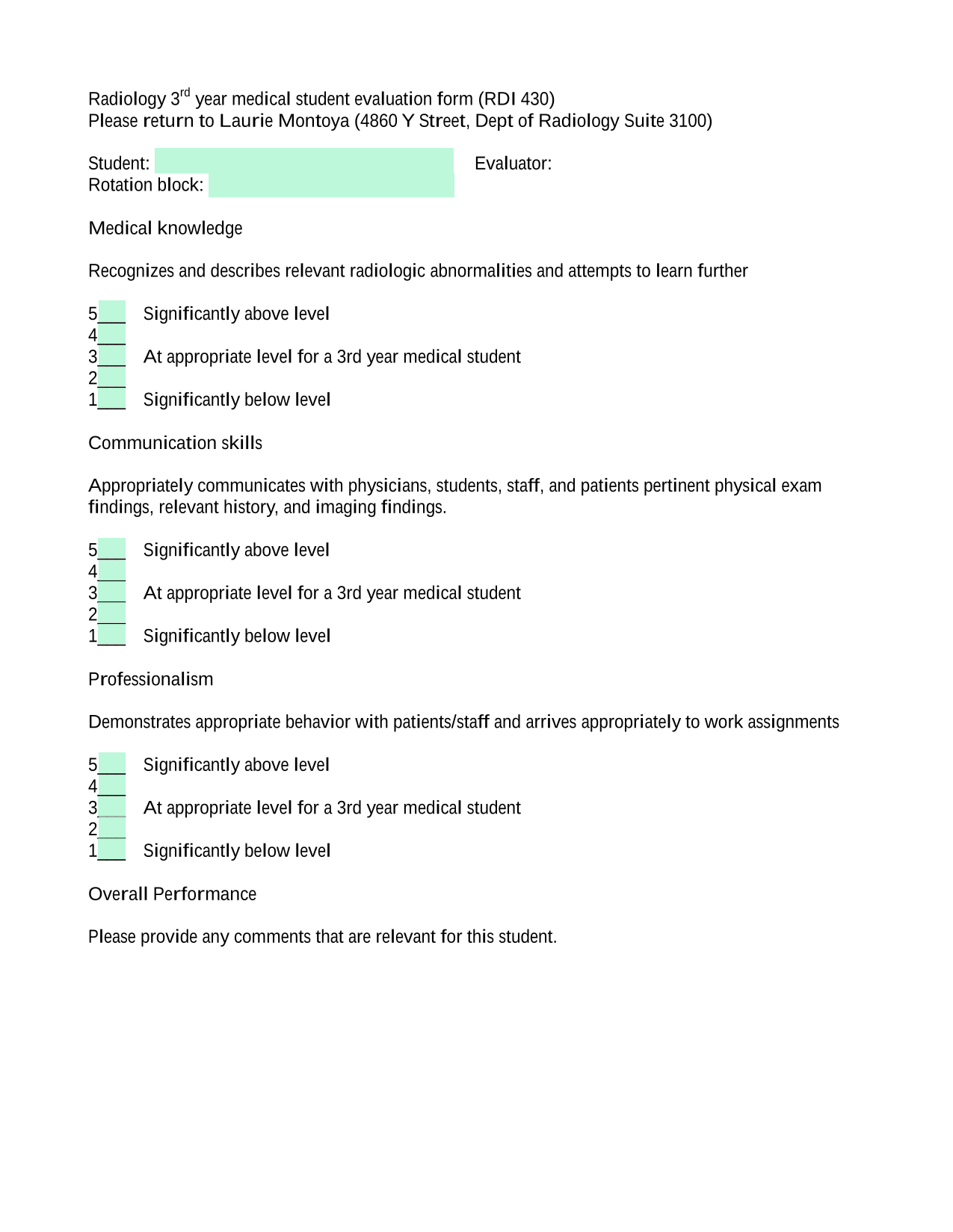 Radiology 3rd Year Medical Student Evaluation Form (RDI 430) screenshot
