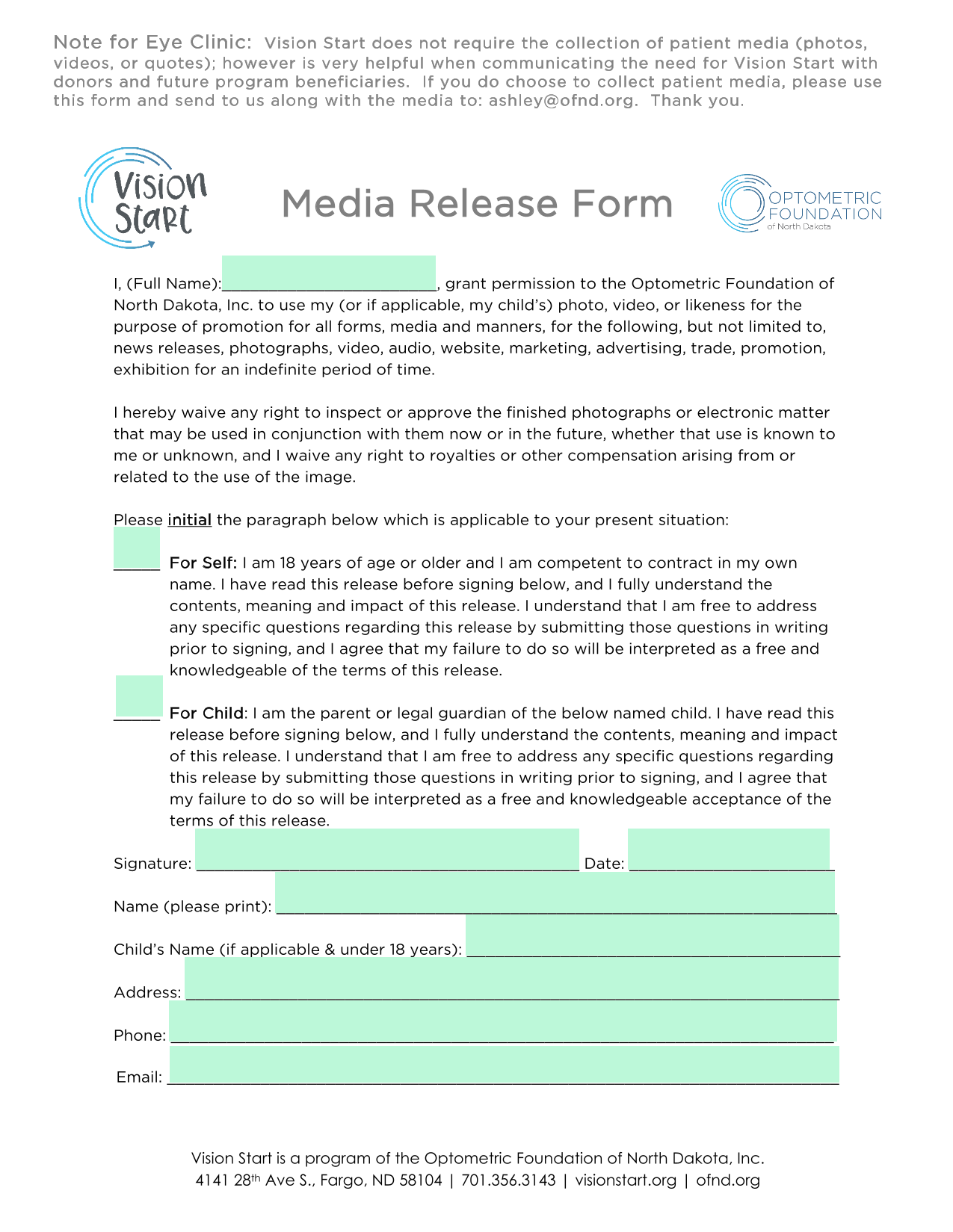 Media Release Form screenshot
