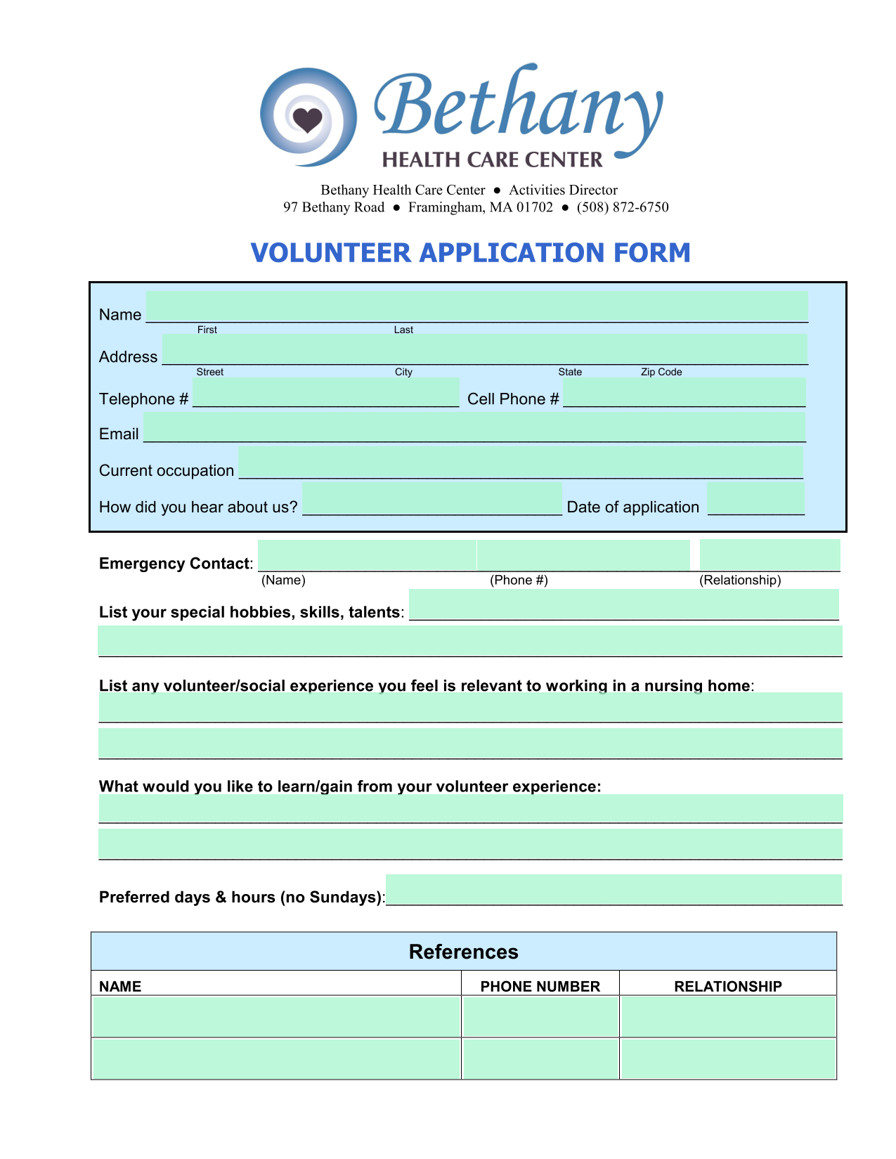 Volunteer Application Form screenshot