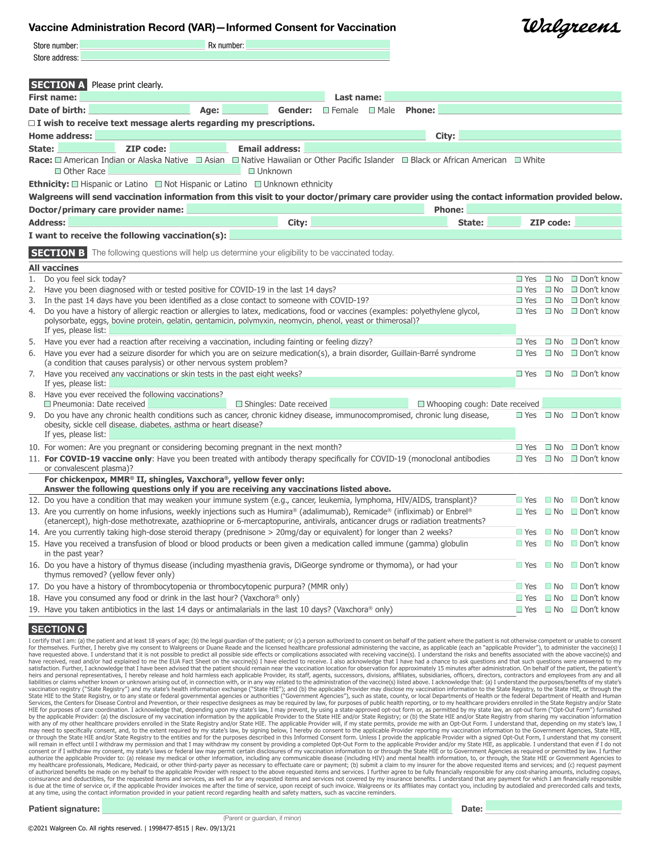 Vaccine Administration Record (VAR)Informed Consent For Vaccination screenshot