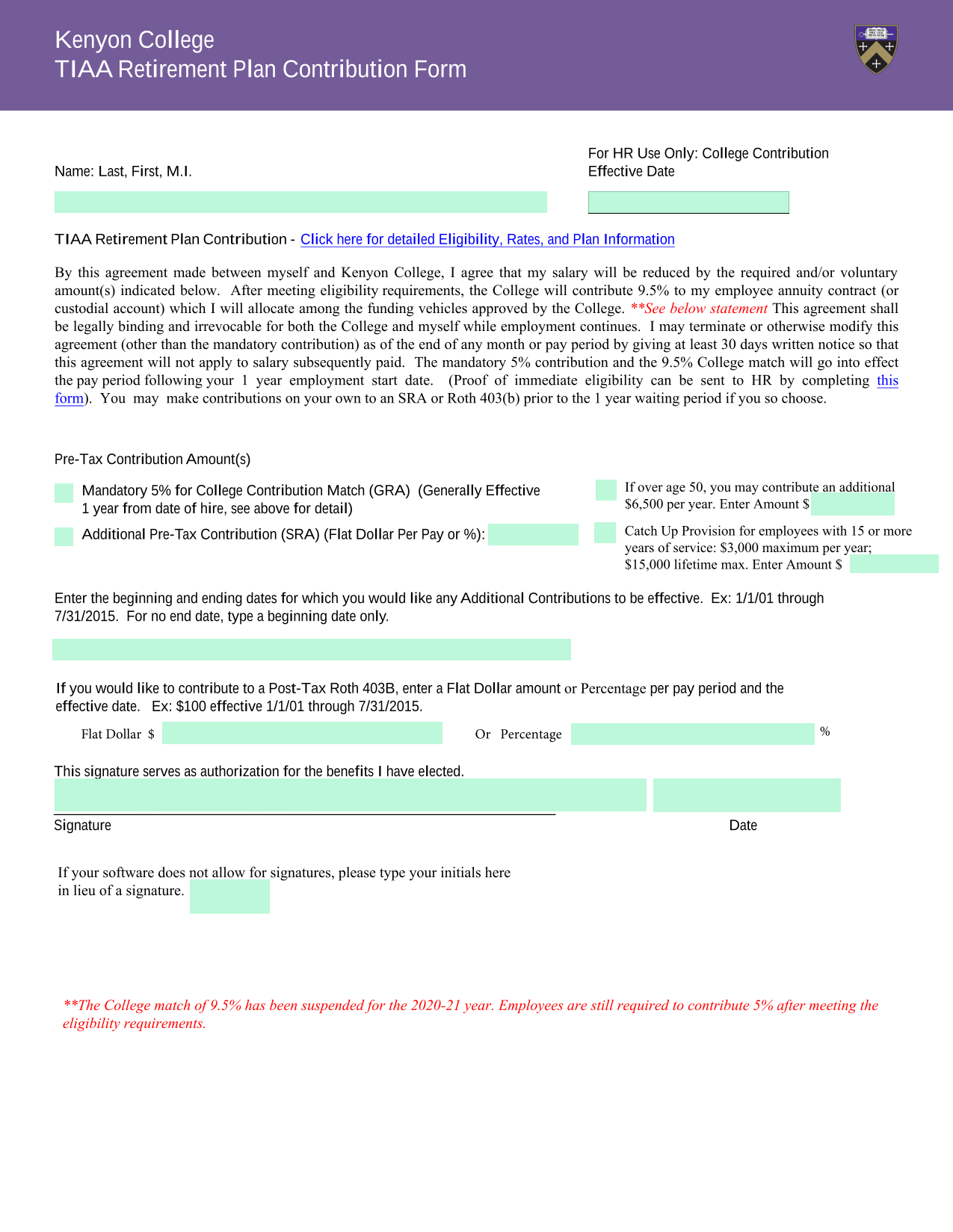 TIAA Retirement Plan Contribution Form screenshot