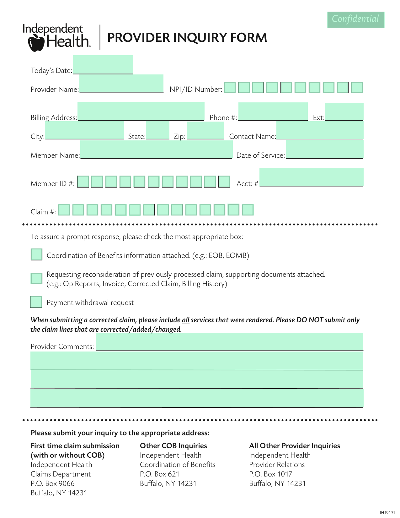 Provider Inquiry Form screenshot