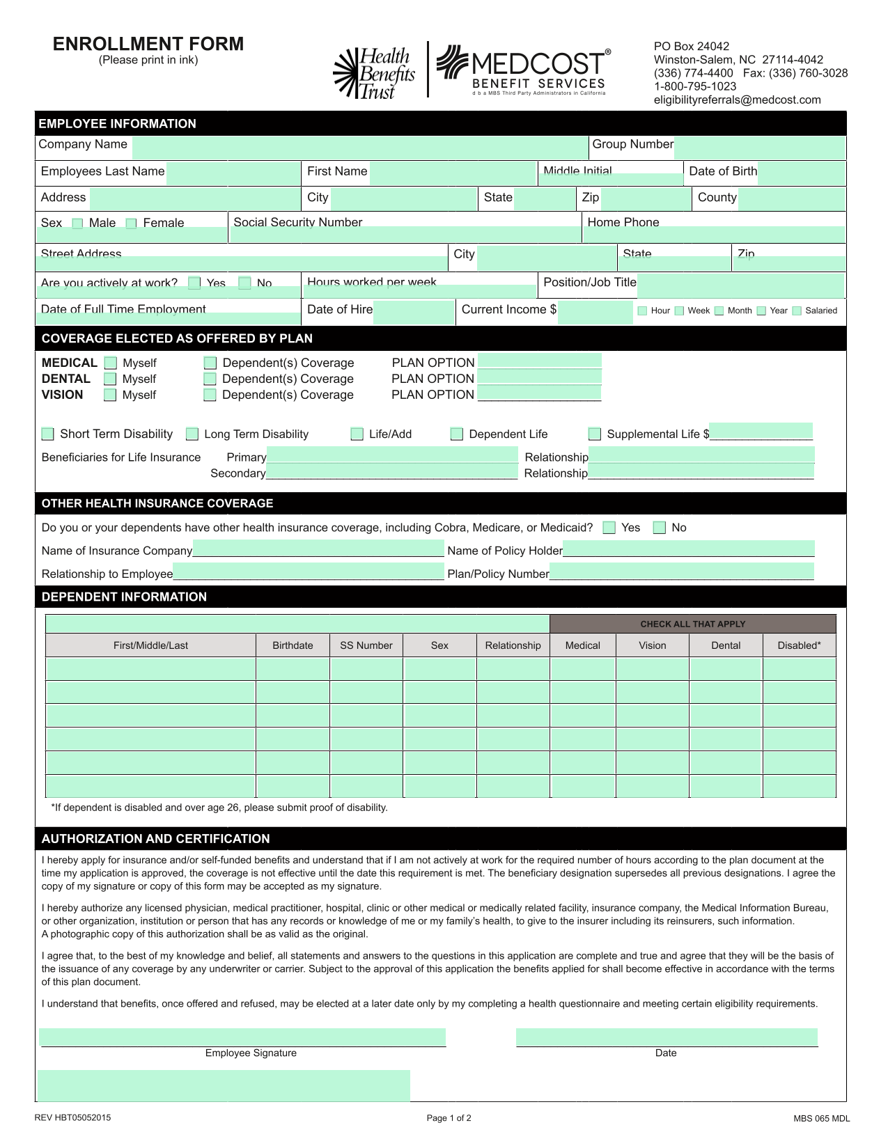 ENROLLMENT FORM screenshot