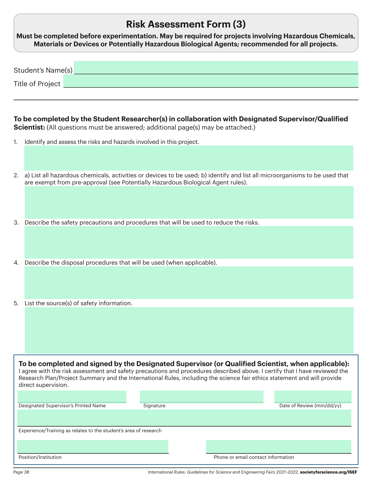 Risk Assessment Form screenshot