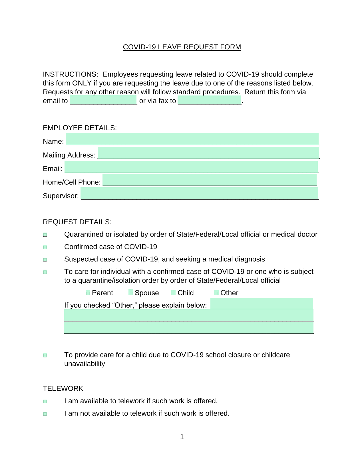 COVID 19 LEAVE REQUEST FORM screenshot