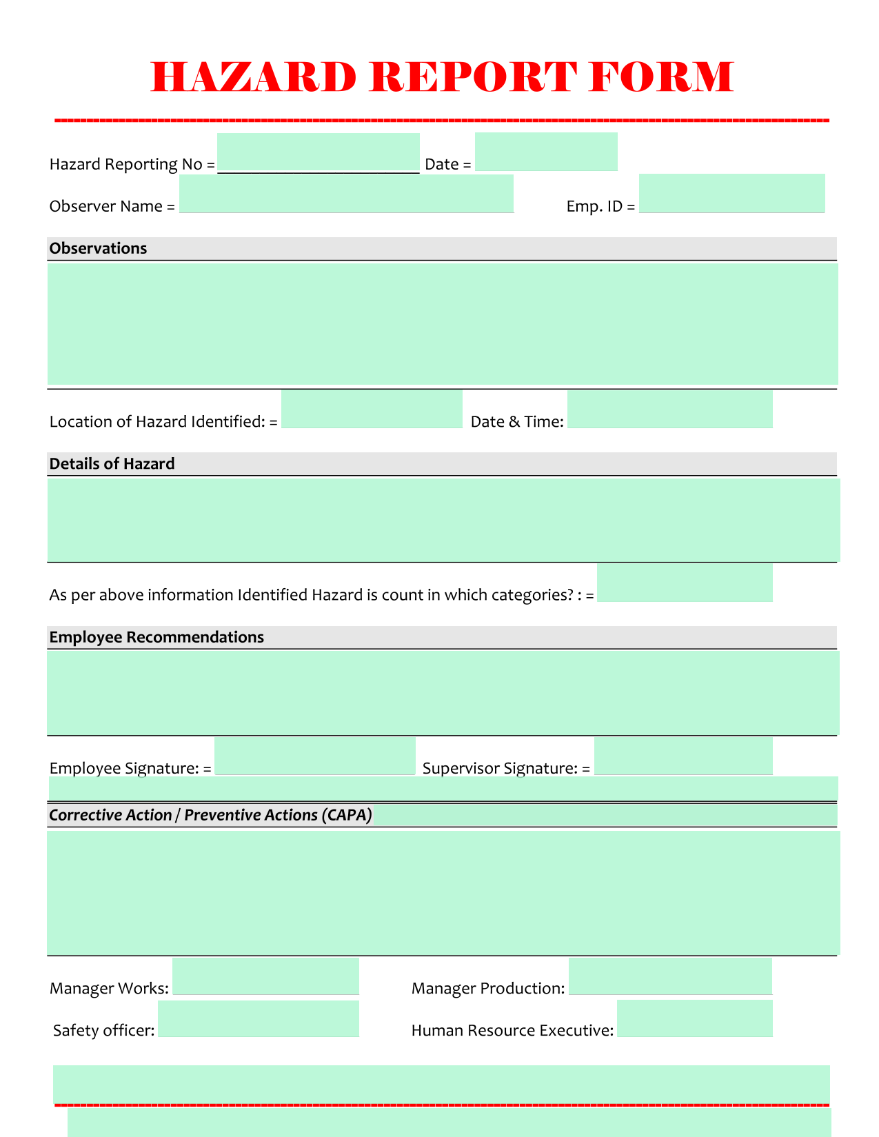 HAZARD REPORT FORM screenshot