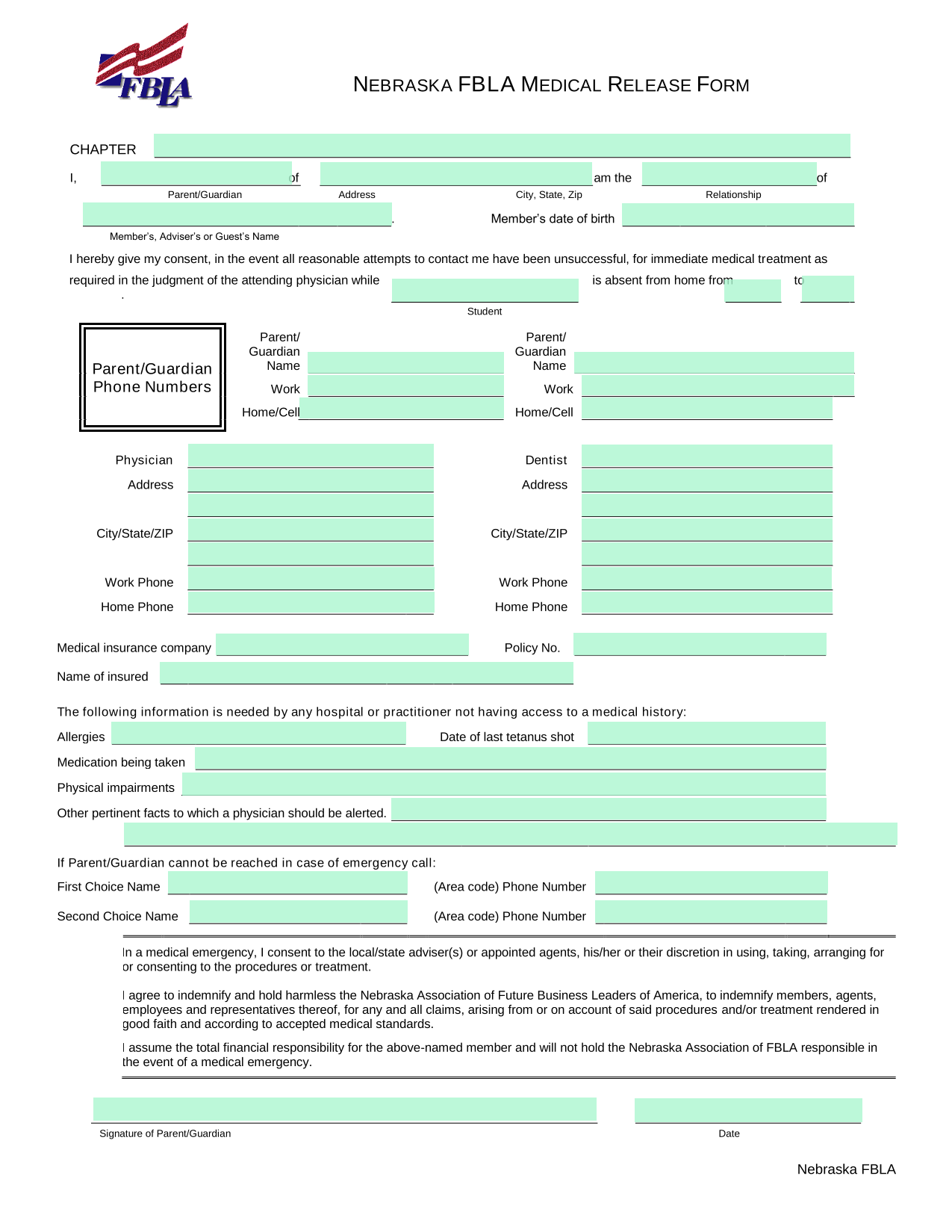 Nebraska FBLA Medical Release Form screenshot