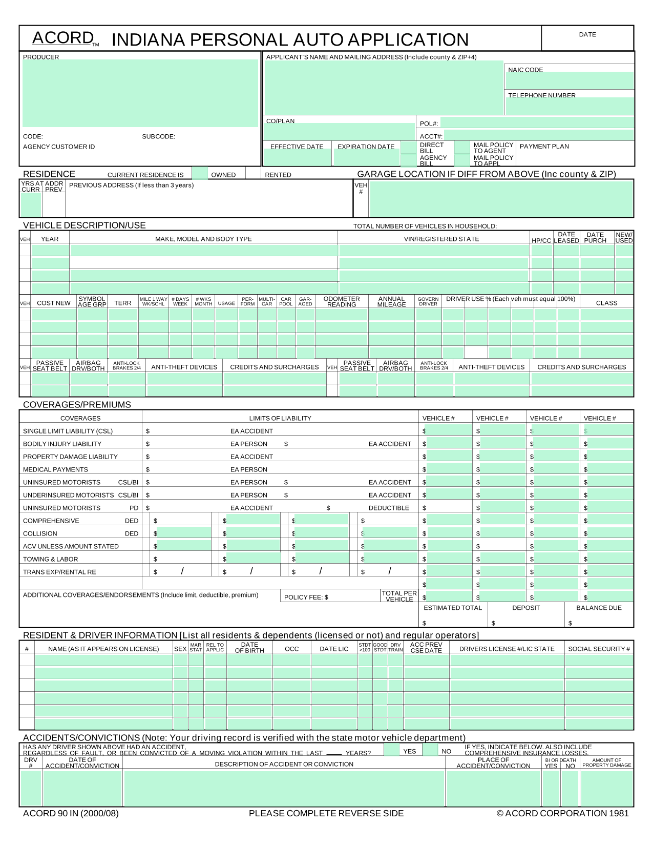 Auto Insurance Application Form screenshot