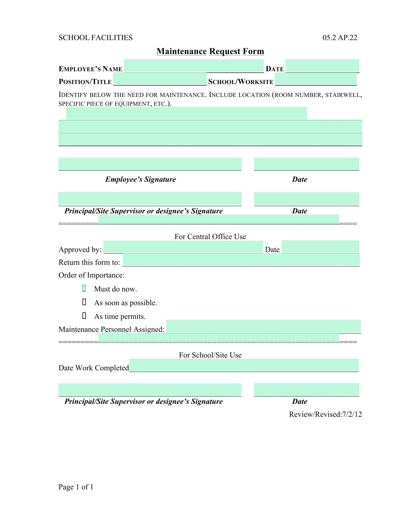 Maintenance Request Form screenshot