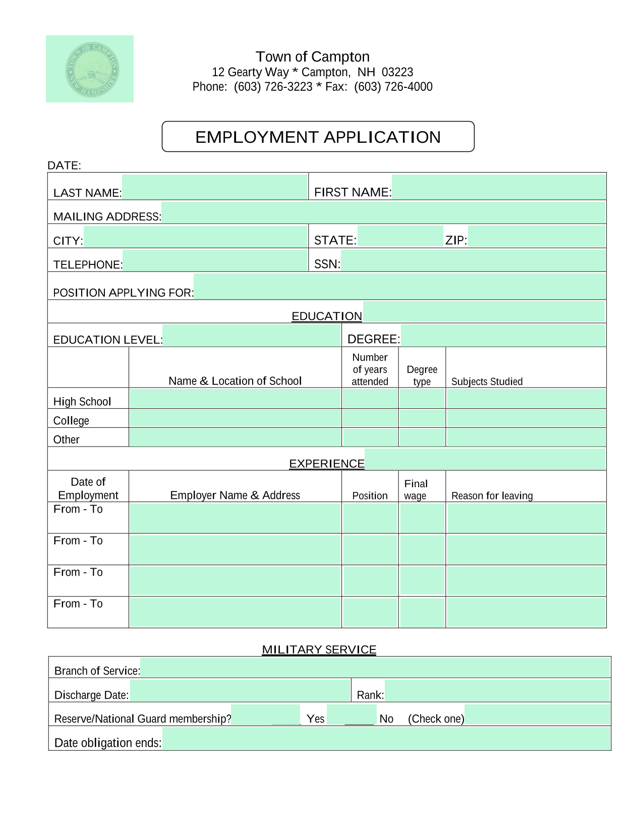 Employment Application screenshot