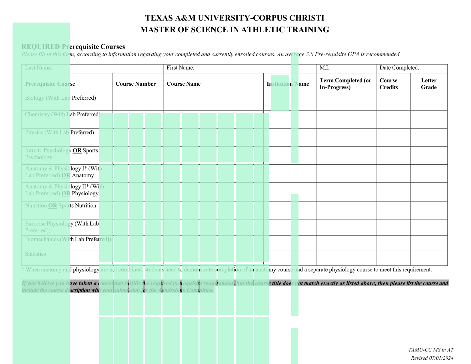 TEXAS AM UNIVERSITY CORPUS CHRISTI MASTER OF SCIENCE IN ATHLETIC TRAINING PREREQUISITE COURSES screenshot