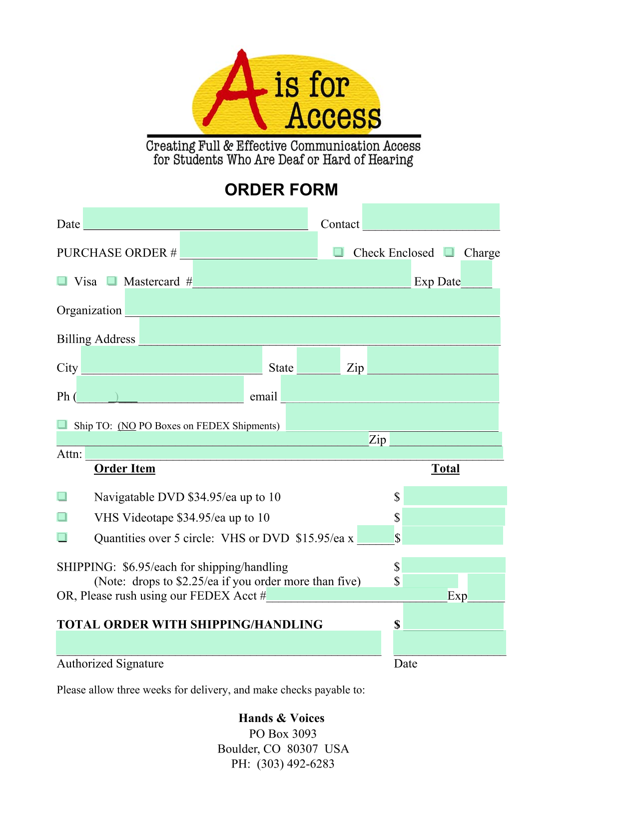 Order Form screenshot