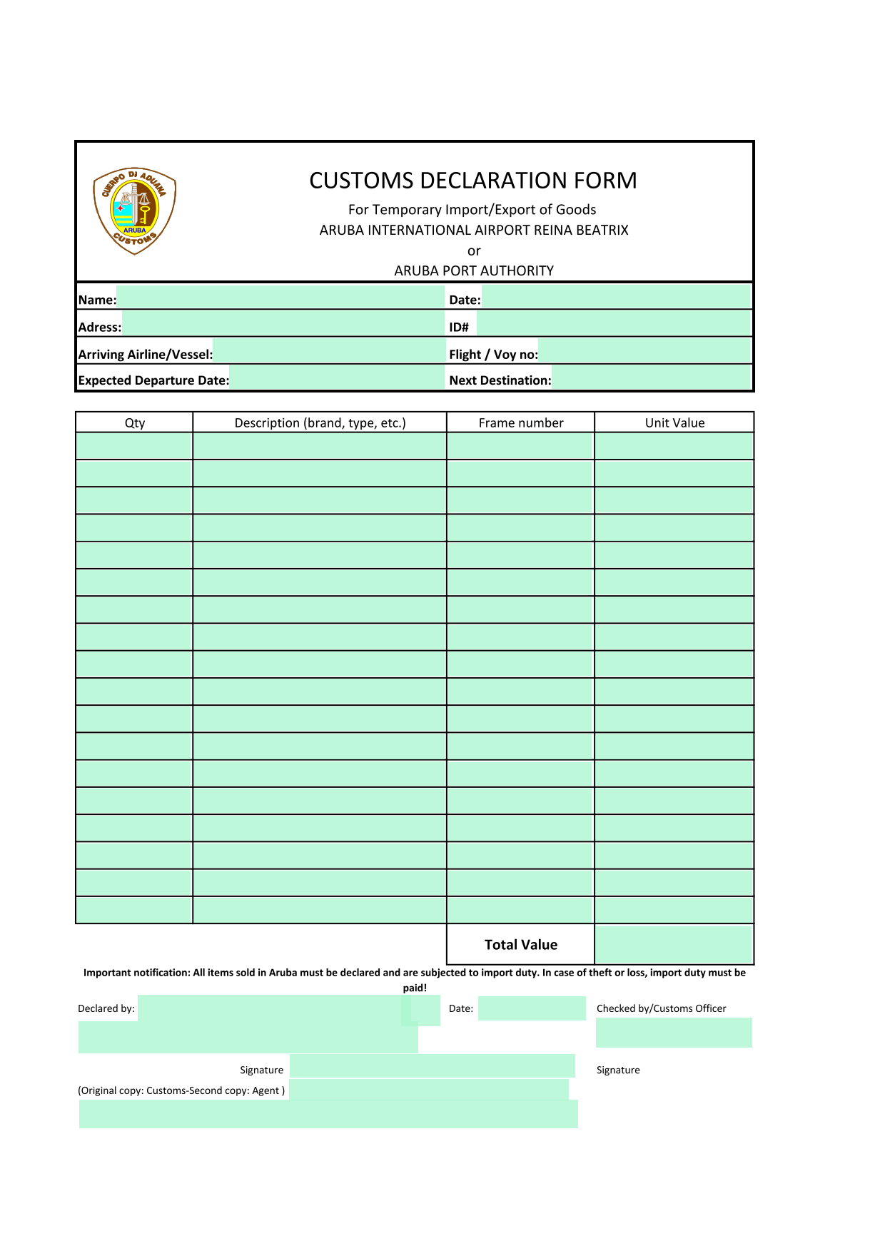 CUSTOMS DECLARATION FORM screenshot