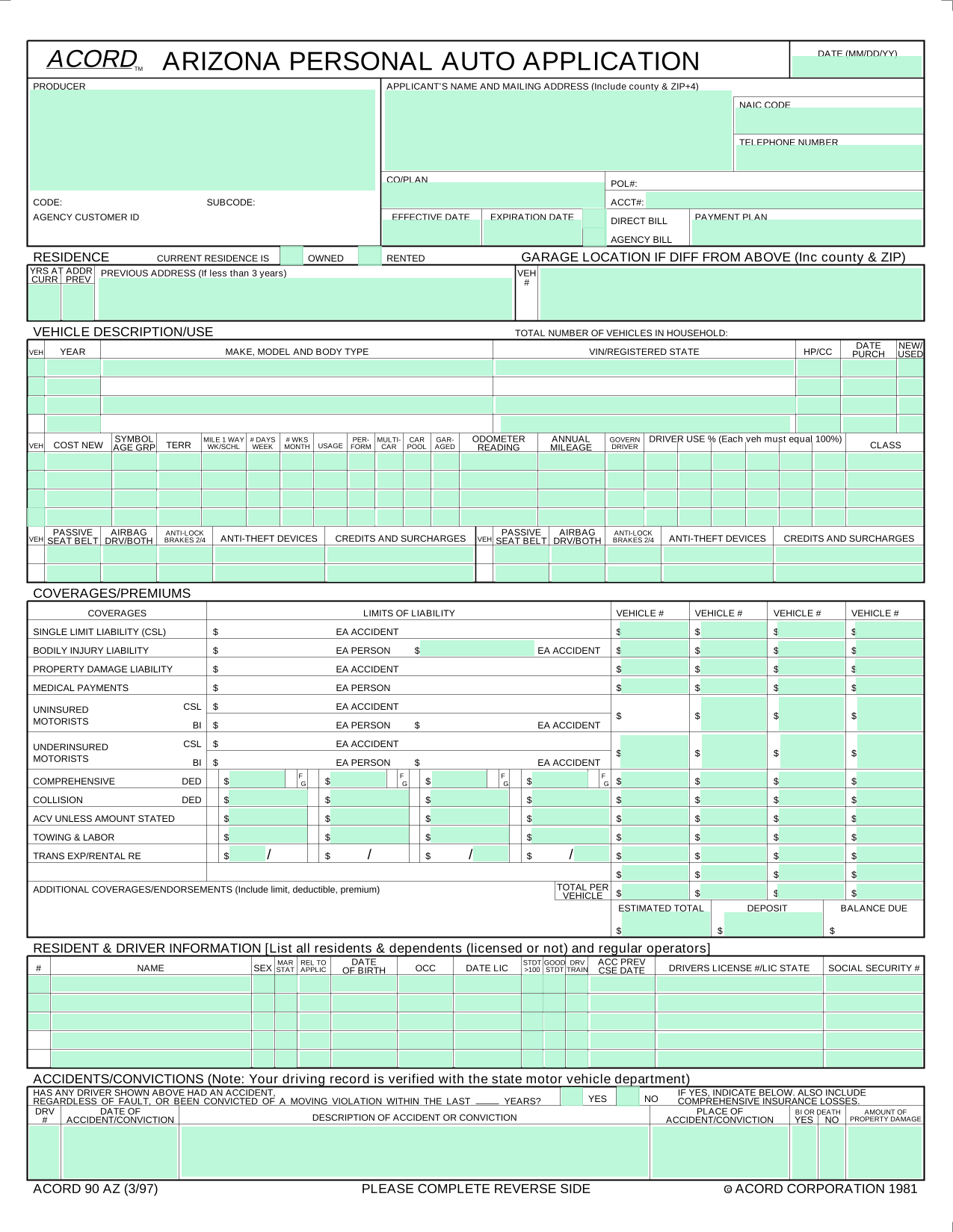 Arizona Personal Auto Application (ACORD 90 AZ) screenshot
