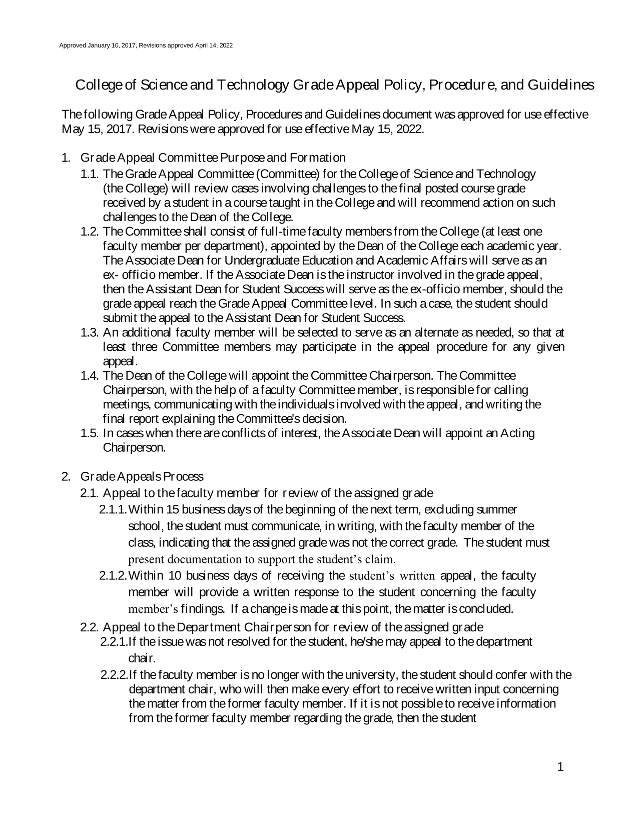 College Of Science And Technology Grade Appeal Policy, Procedure, And Guidelines screenshot