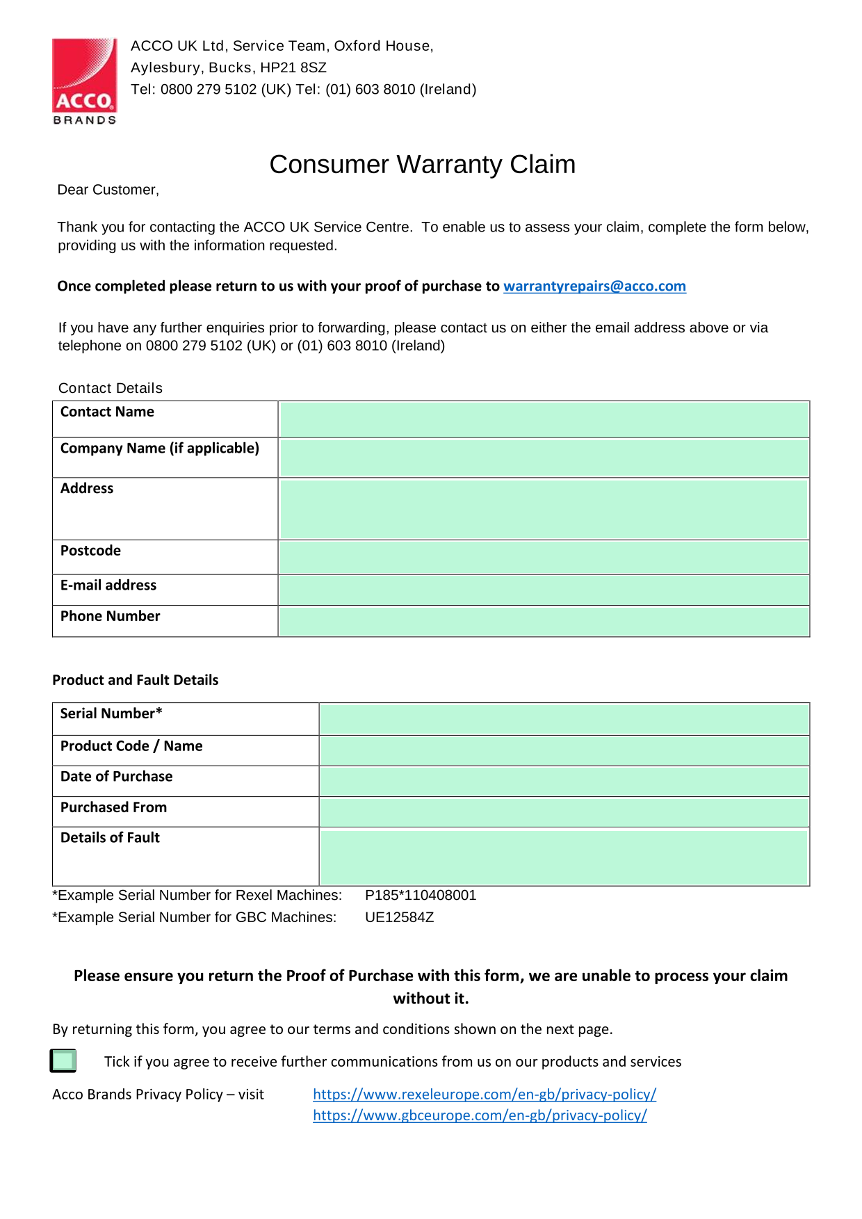 Consumer Warranty Claim screenshot