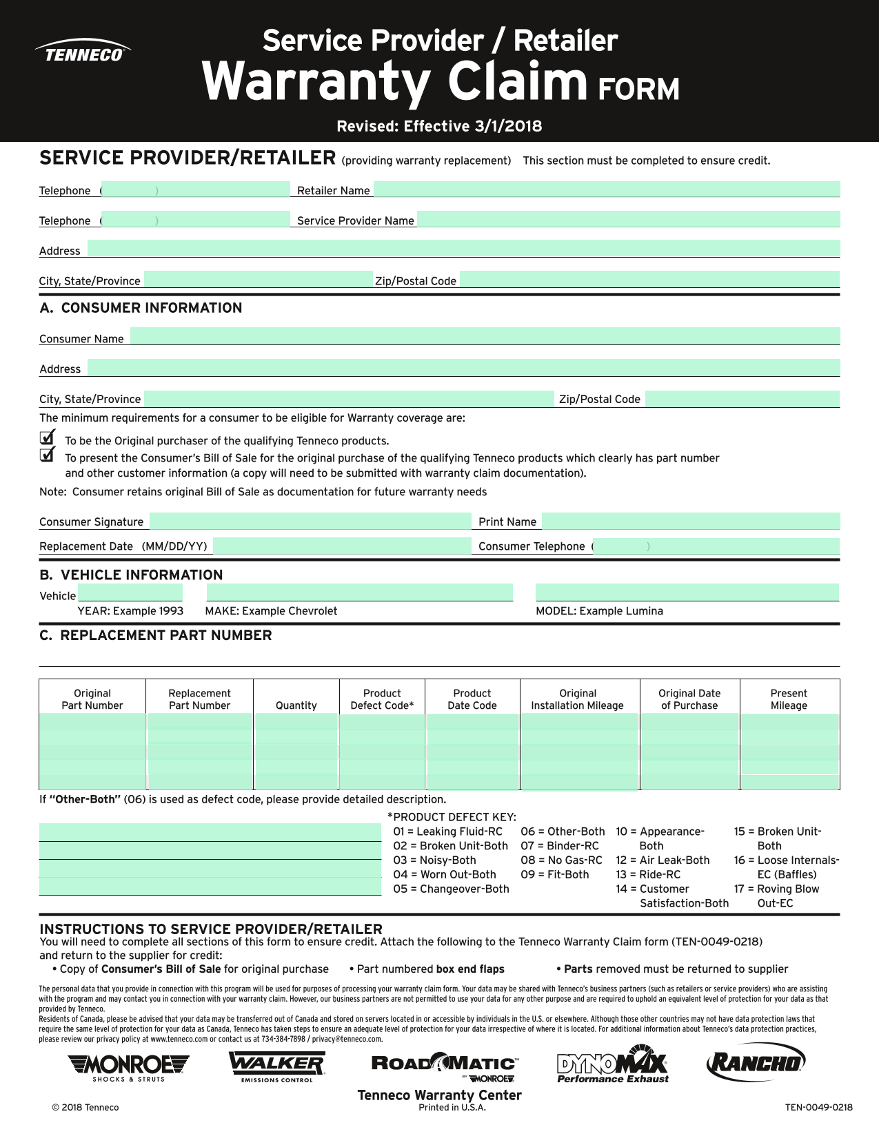 Warranty Claim FORM screenshot