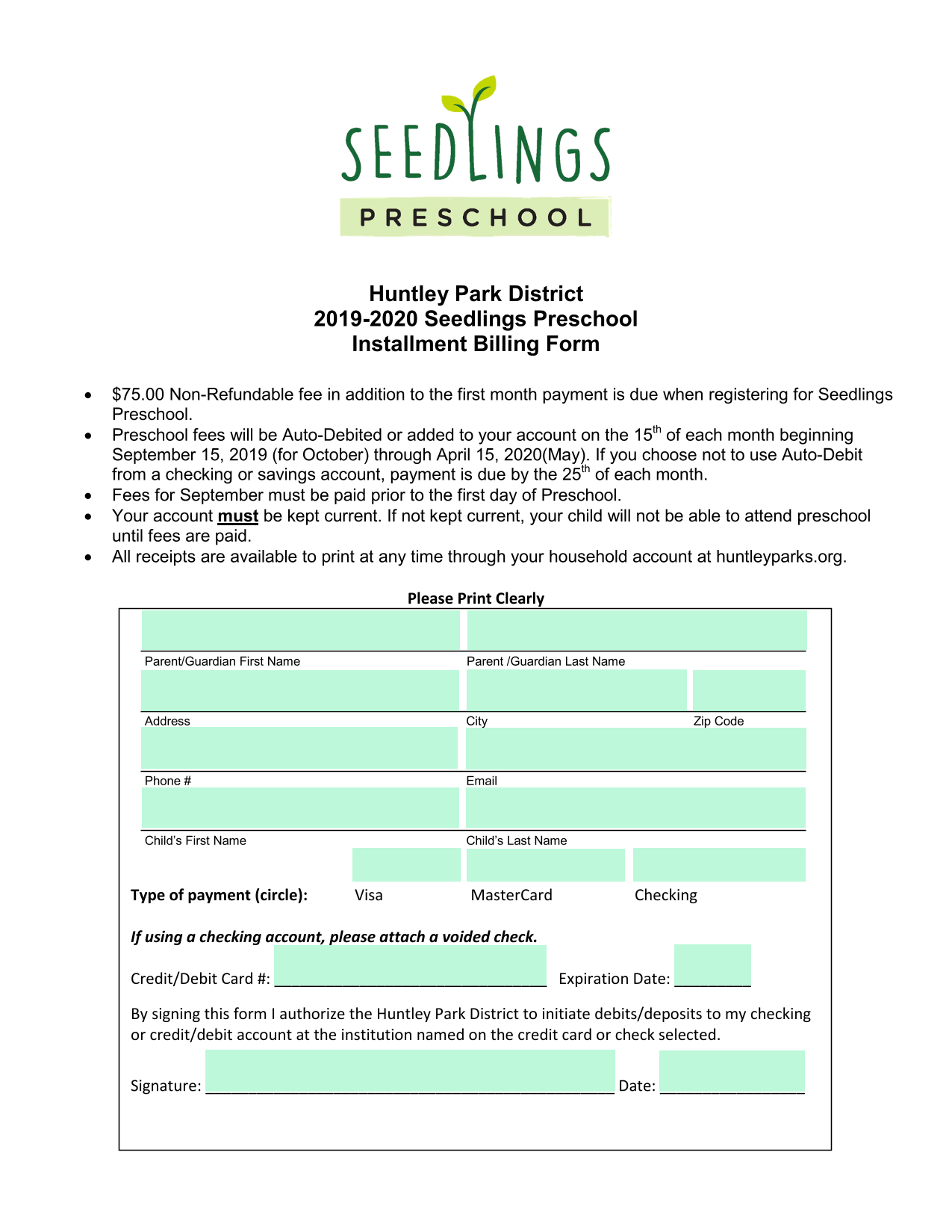 Seedlings Preschool Installment Billing Form screenshot