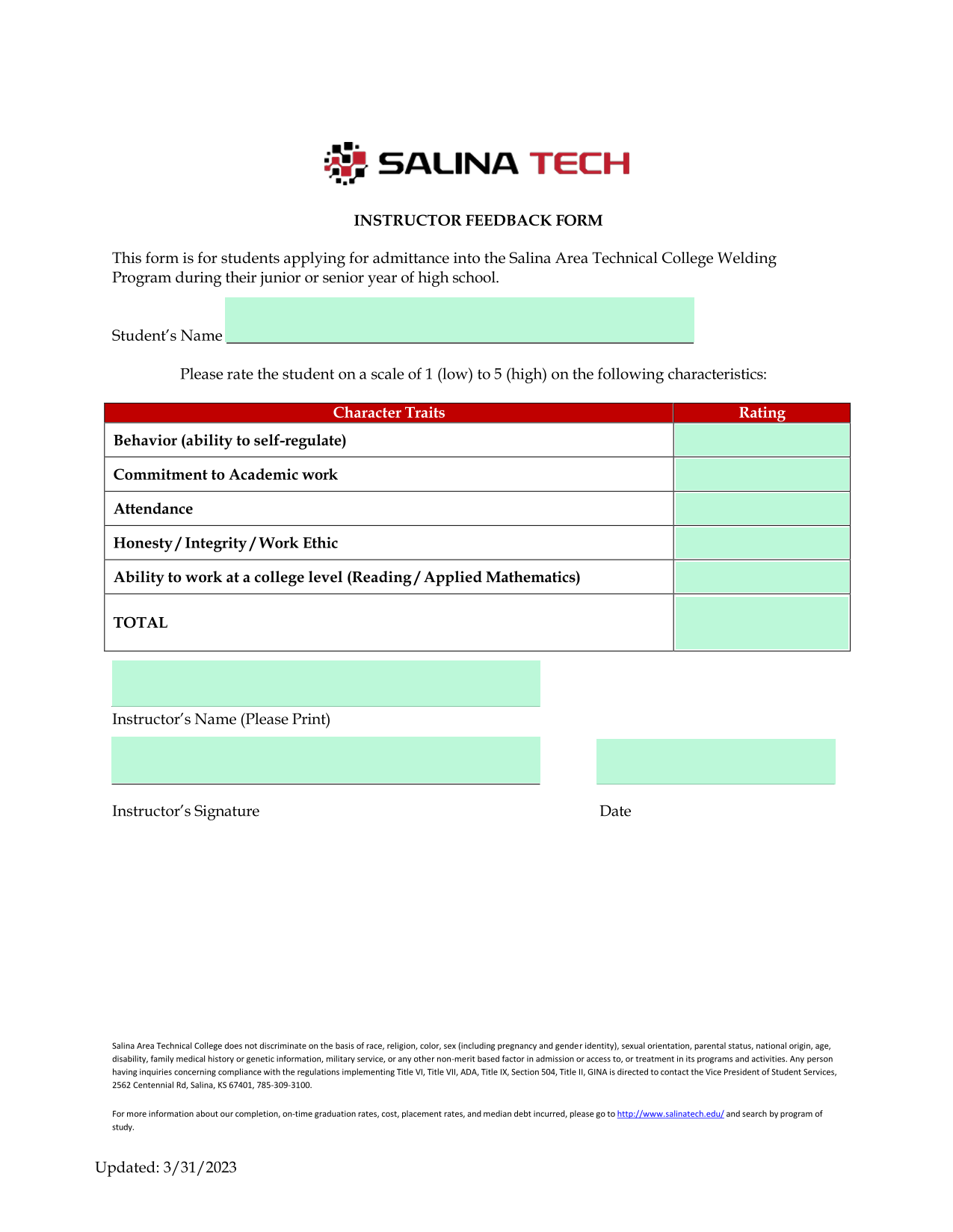 Instructor Feedback Form screenshot