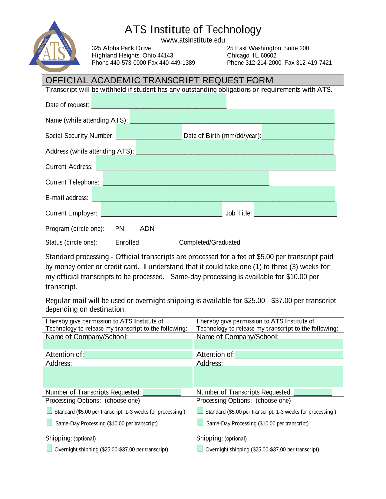 Official Academic Transcript Request Form screenshot